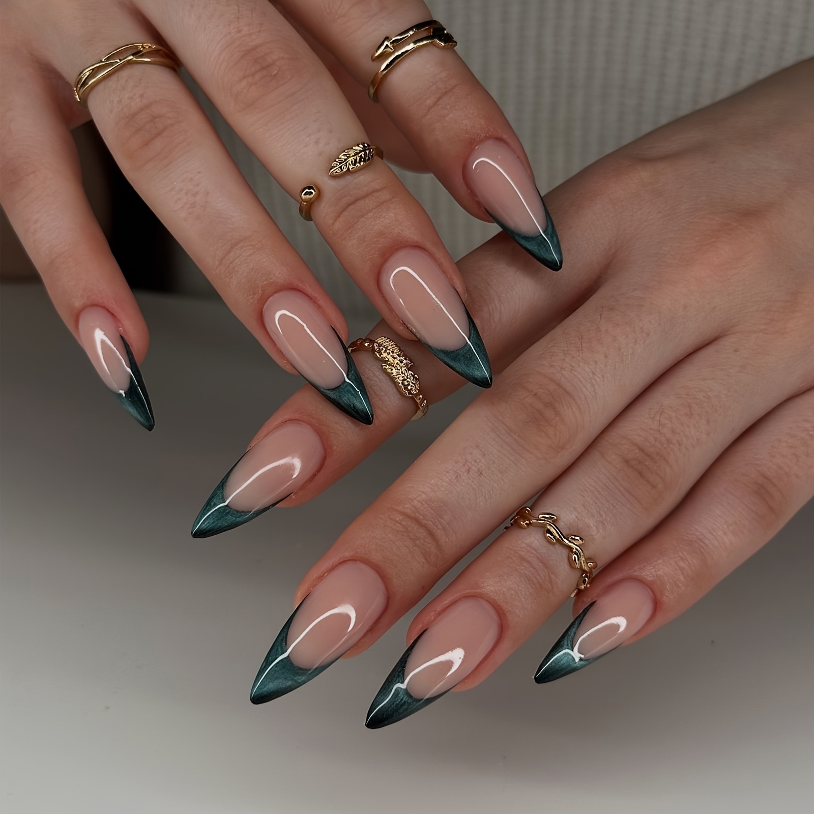 TEMU 24pcs Almond-shaped Press-type False Nail Pieces, Dark Green Color-blocking French Style Women's Nail Patches, With 1pc Jelly Glue And 1pc