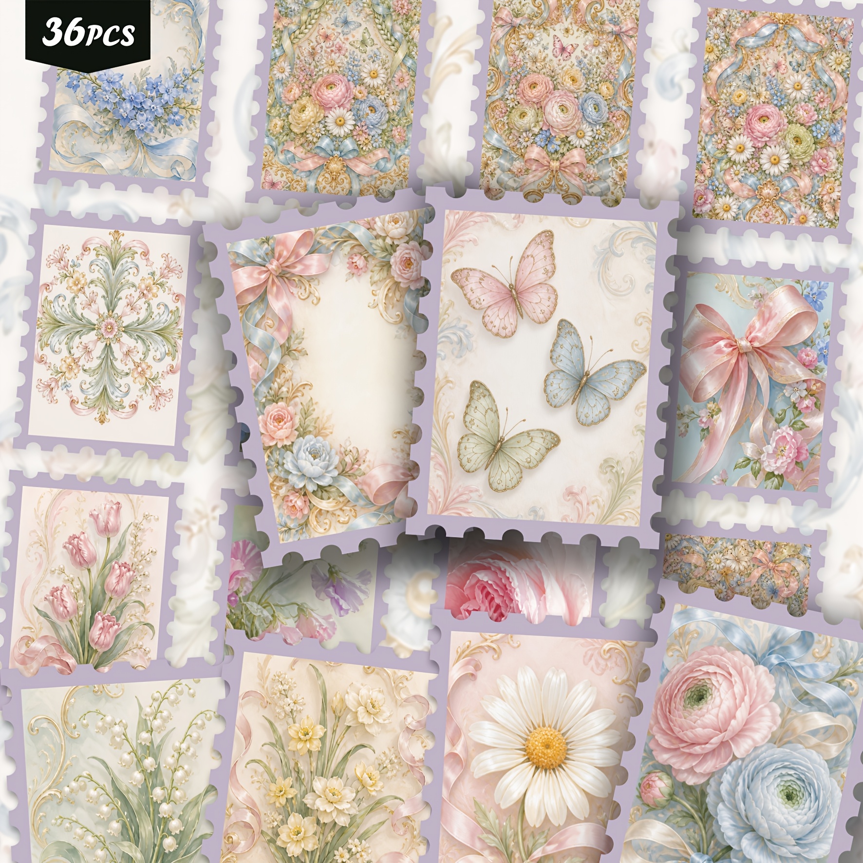 TEMU 36pcs Vintage Shabby Chic Floral Sticker Set, Ribbon Scrollwork Decorative Sticker Set For Journaling, Scrapbooking, Planner, Notebook, Card