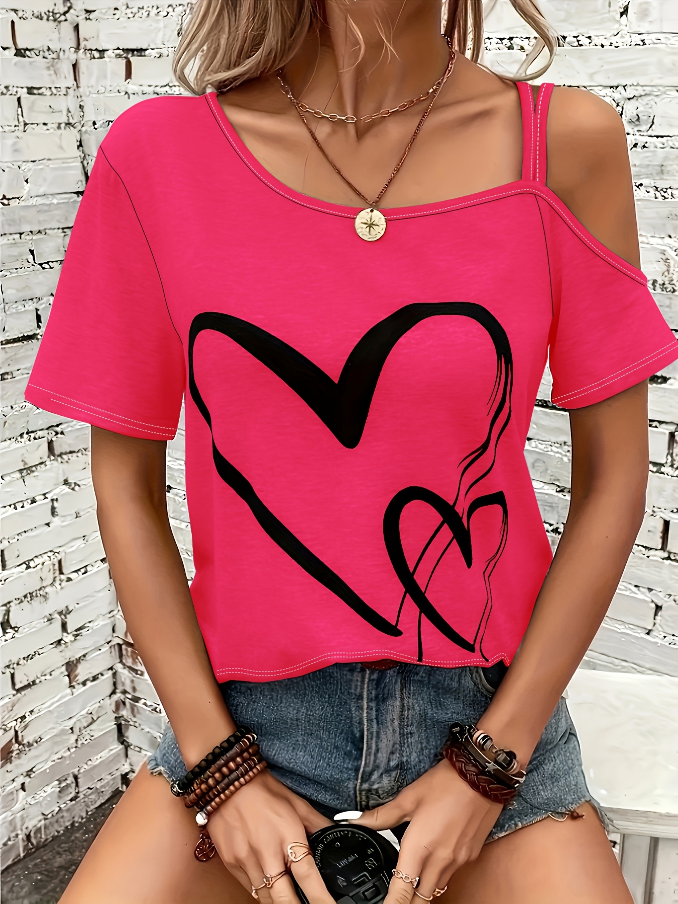 Heart Print Slant Shoulder T-shirt, Casual Short Sleeve Top For Spring & Summer, Women's Clothing