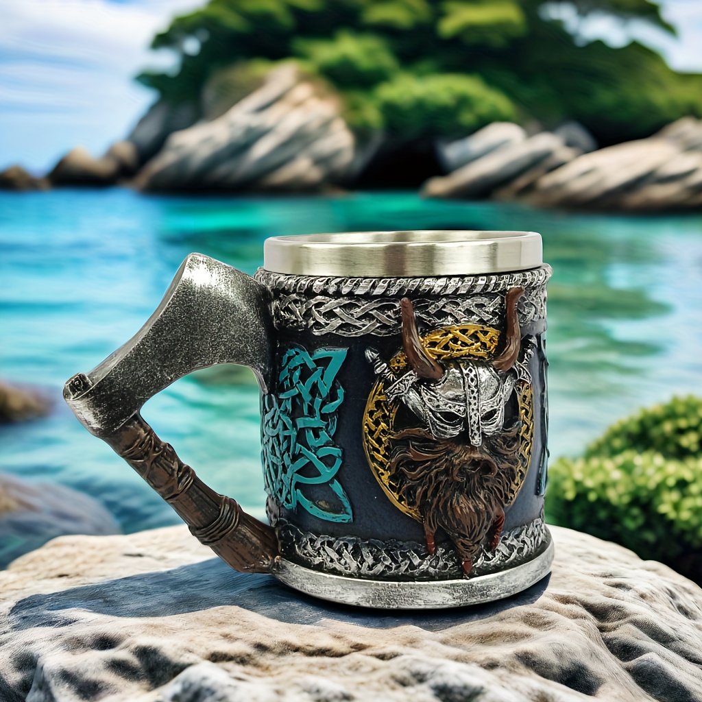 Viking Rune Mug - 500ml Stainless Steel & Wood Handle Tankard, Norse Decor Gift For Men & Women