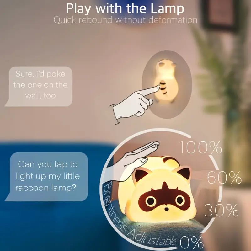 night light for kids raccoon cute led lamp bedside lamp baby nursery bedroom dimmable rechargable touch control table desk lamp cool stuff fun kawaii room decor aesthetic novelty accessories gift for women home decor easter gift Product details 6