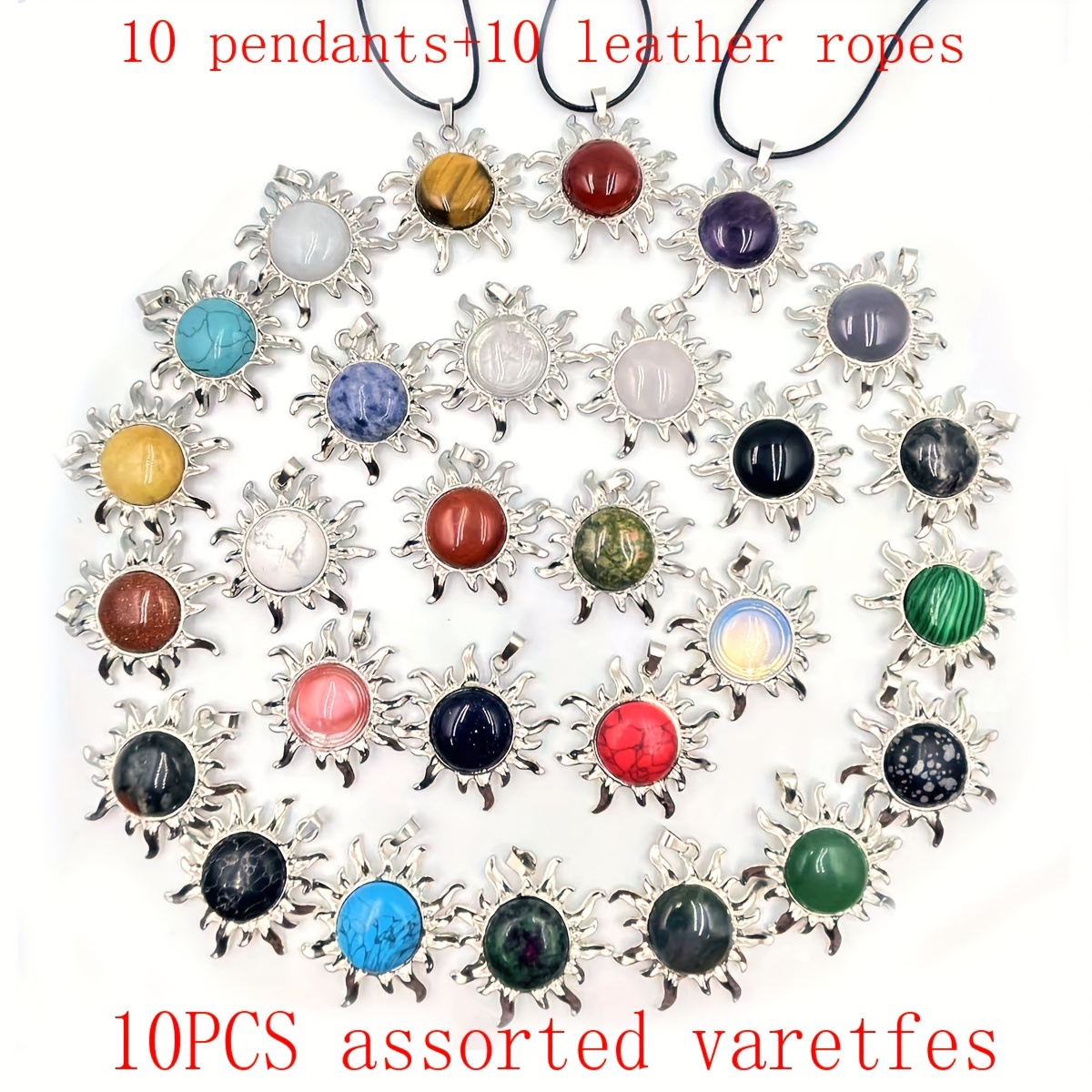 10-pack Natural Stone Mixed Agate Sun Pendant Making Necklace