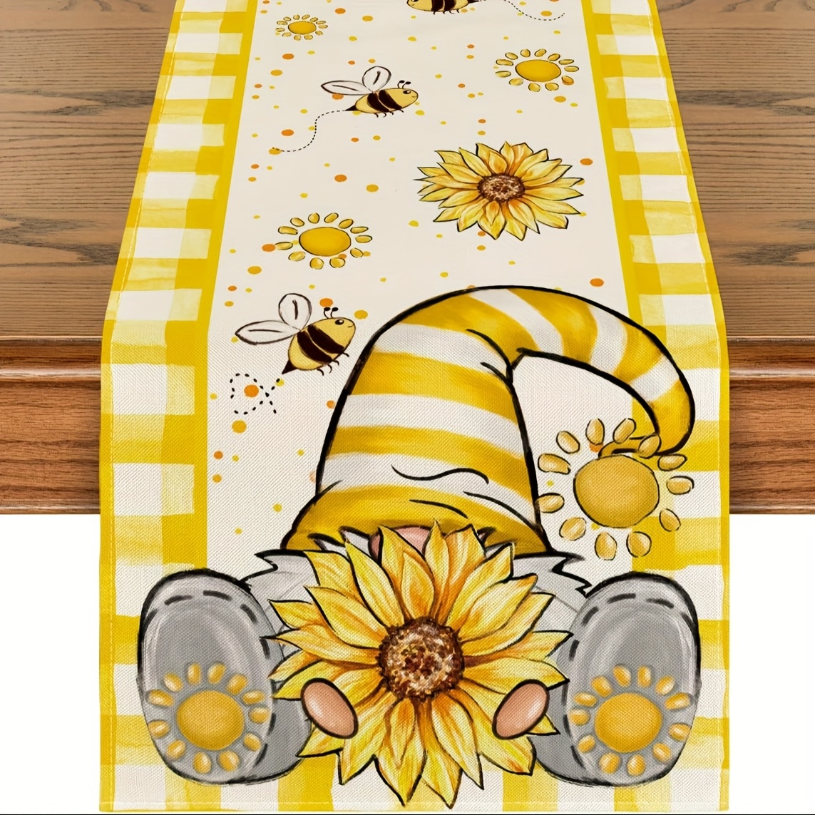 TEMU 1pc, Yellow Sunflower Gnome Bee Summer Table Runner, Dining Table Decoration For Home Party Decor13 X 36, 13 X 48, 13 X 72, 13 X 108
