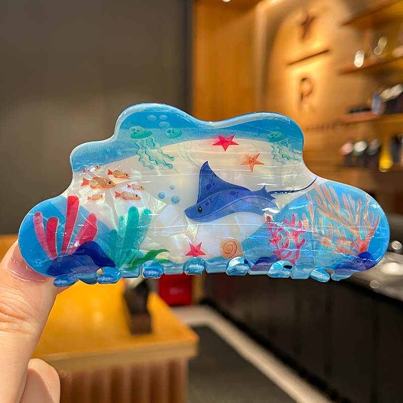 TEMU 1pc Cute Hair Clip, Made Of Large Acrylic Material With Whale Jellyfish Seaweed Print, Suitable For Women. A Fashionable And Unique Hair Accessory, Suitable For Hair Styling