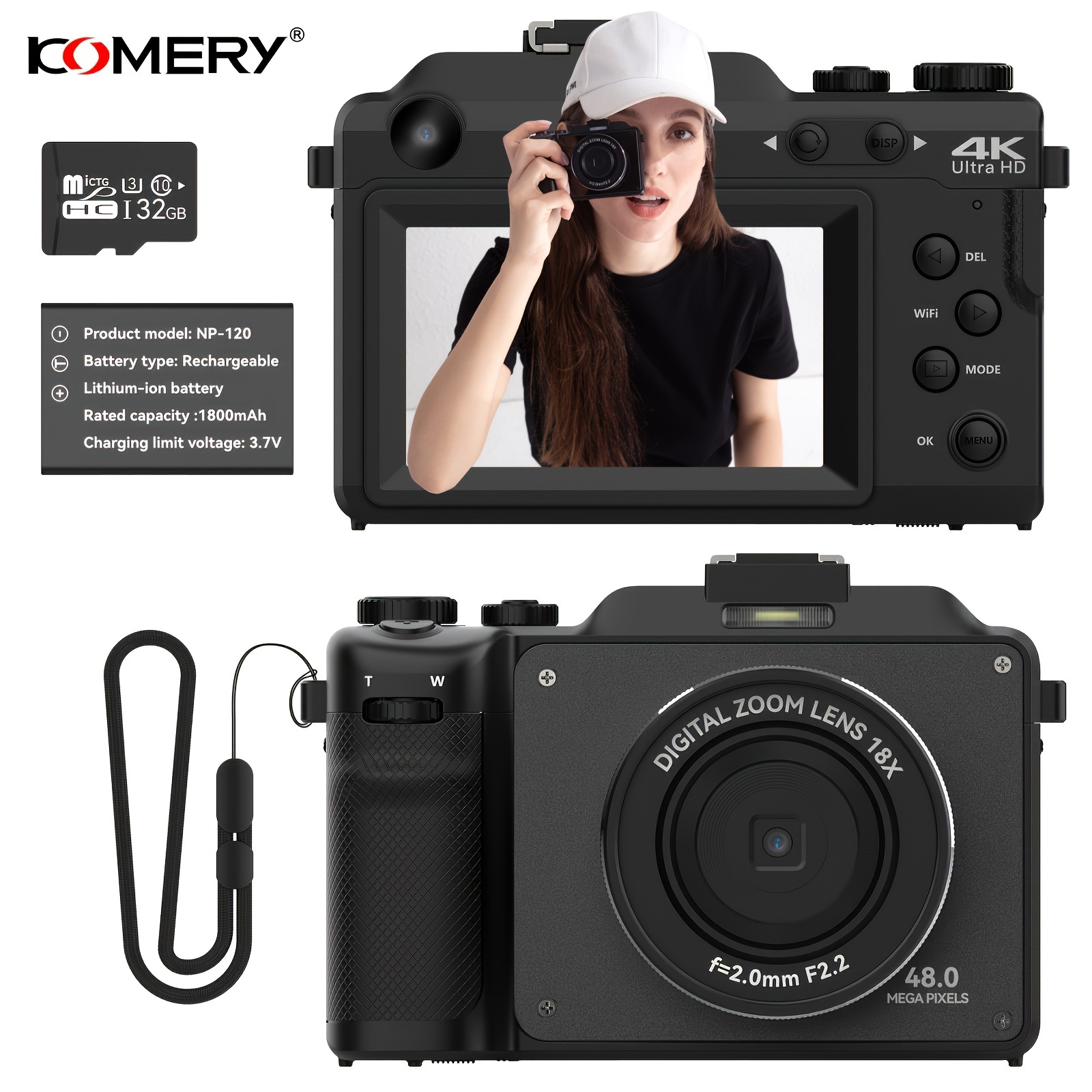 

Komery 48mp Digital Camera For Photography, 4k Vlogging Camera With Front And Rear Dual Cameras, 18x Digital , Built-in Filters, 3.0-inch Screen, 32gb Tf Card & Rechargeable Battery (black)