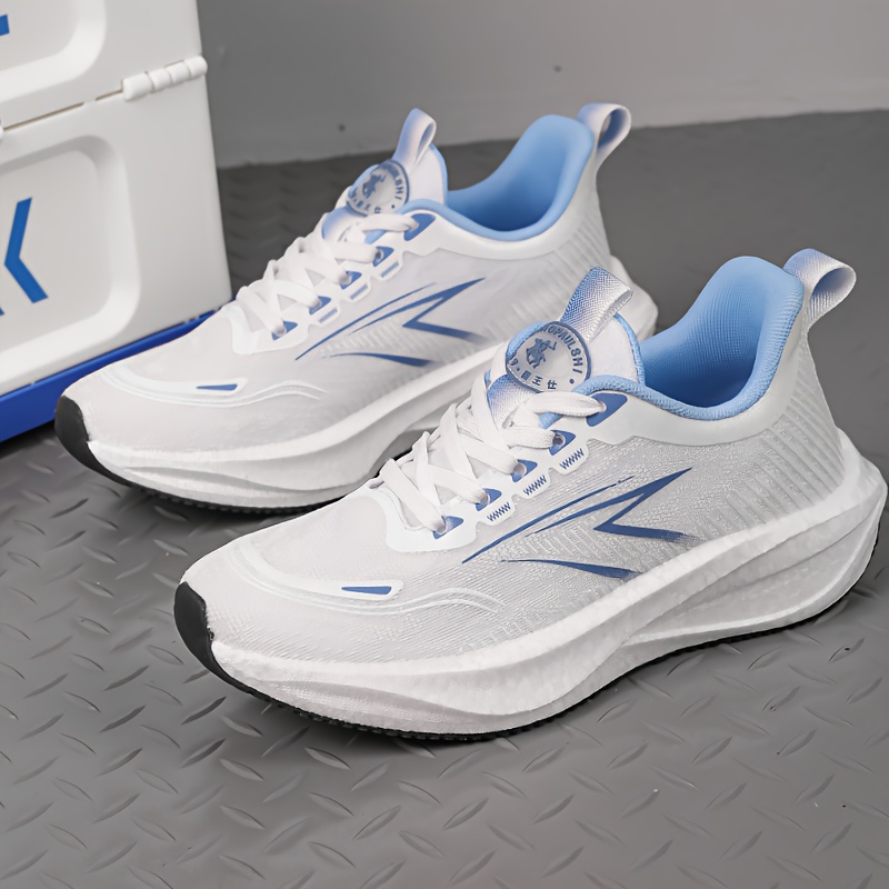 Zapatillas de deporte blancas/azules para mujer y unisex - Zapatillas transpirables de caña baja de talla grande con suela de carbono, amortiguación que absorbe los impactos para correr, gimnasio, caminar - Calzado deportivo casual de punta redonda (blanco/azul), Zapatos de mujer