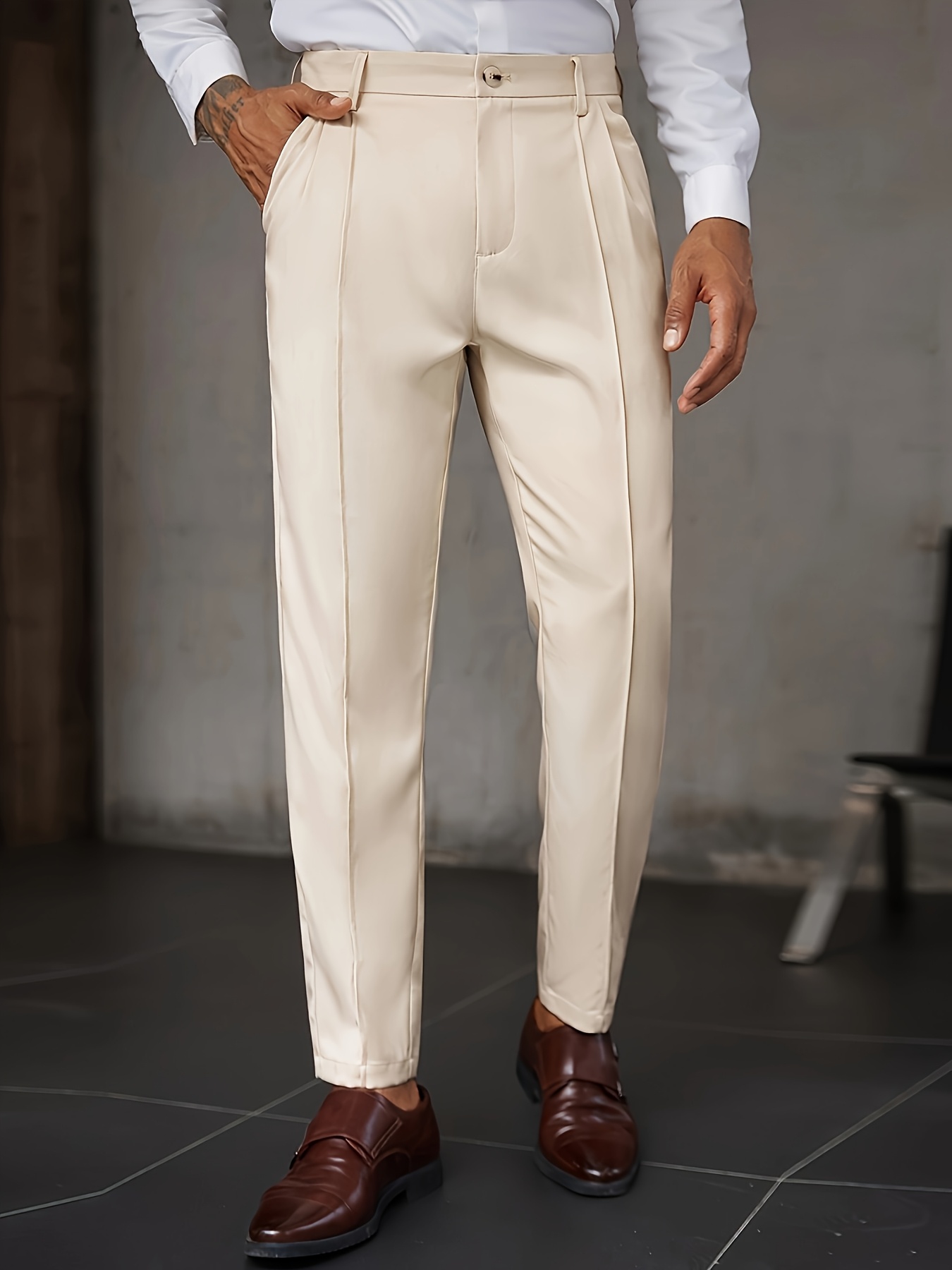 pantalones vestir beige casuales hombre bolsillo en pecho Temu