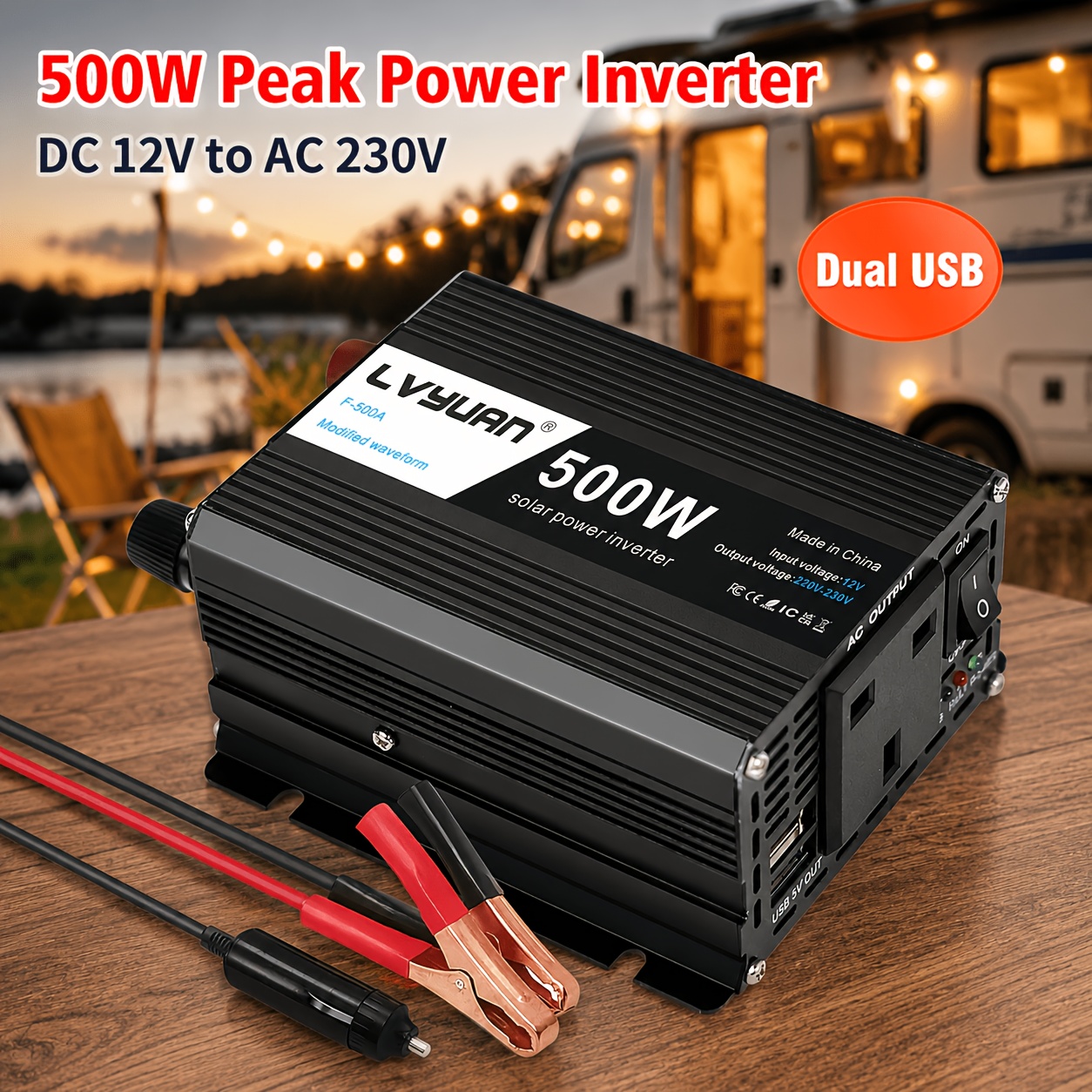 TEMU Modified Sine Wave Inverter, 500w() Power Inverter, Car Inverter, 12v To Ac 230v, With Uk Plug, Suitable For Cars, Rvs, Camping, And Travel,