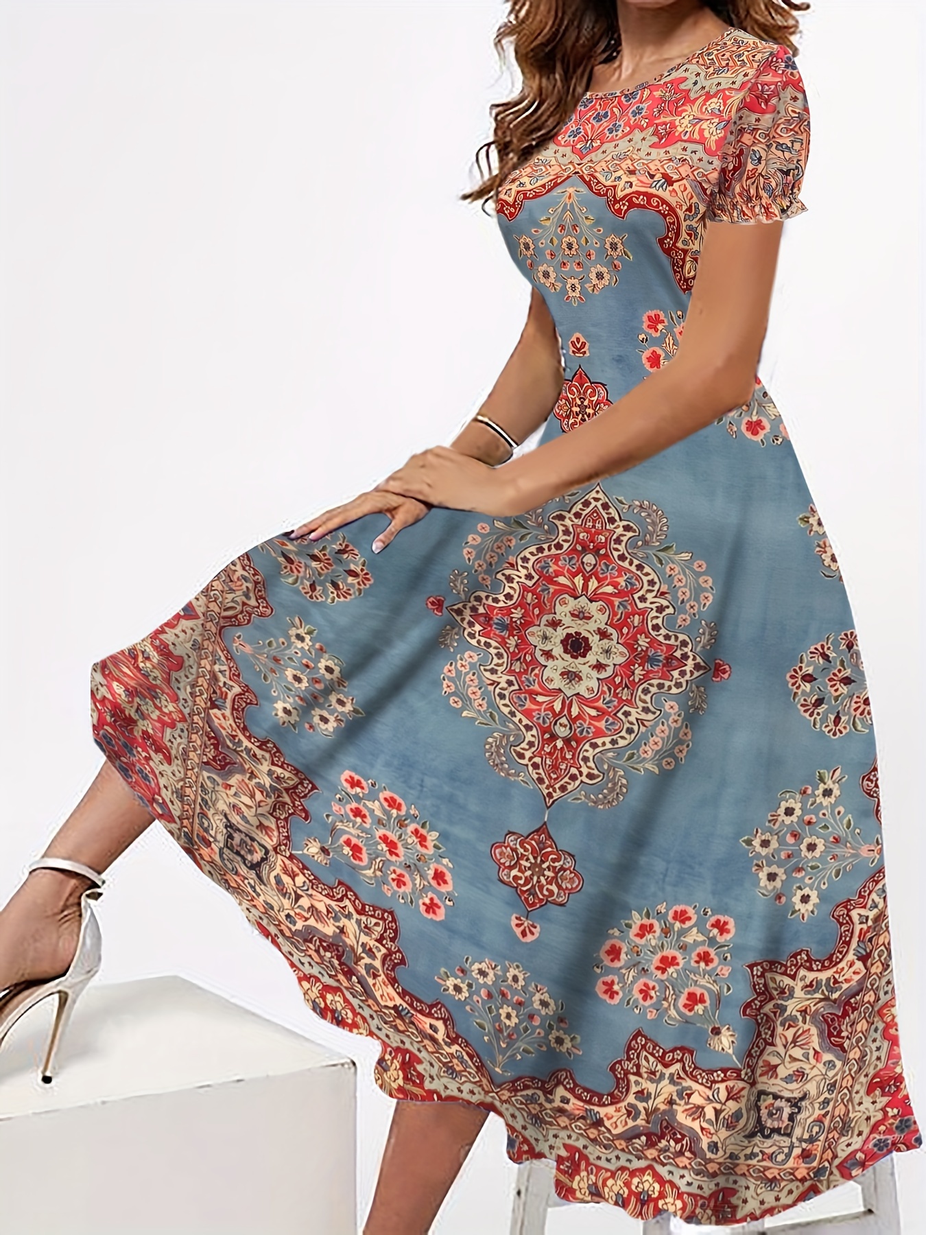 robe maxi imprimée persane bleu turquoise rouge coupe a Temu France