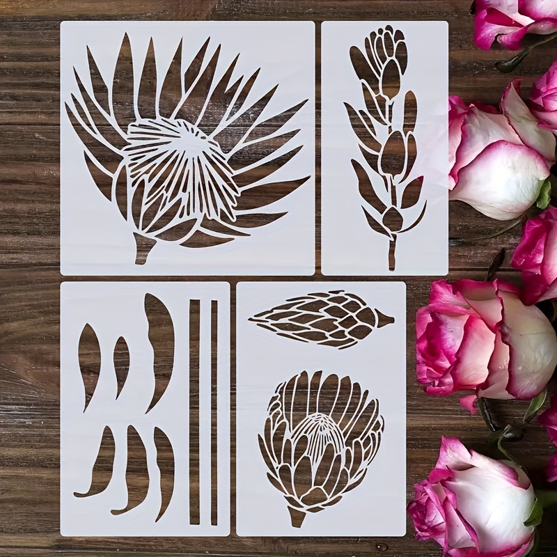 

4 Pieces Large Flower Stencils Set - 4 Reusable Protea Flower And Leaf Painting Templates - Perfect For Garden Fence, Wall, And Furniture Decor - Creamy White Pet Stencils & Templates