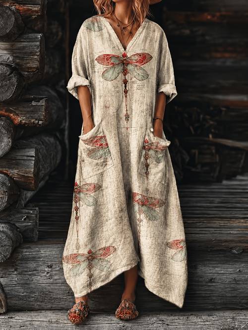 plus size womens print maxi dress with pockets v neck line suitable for casual vacation wedding guest dress machine washable loose dress with pocketed hem for daily wear holiday outfits