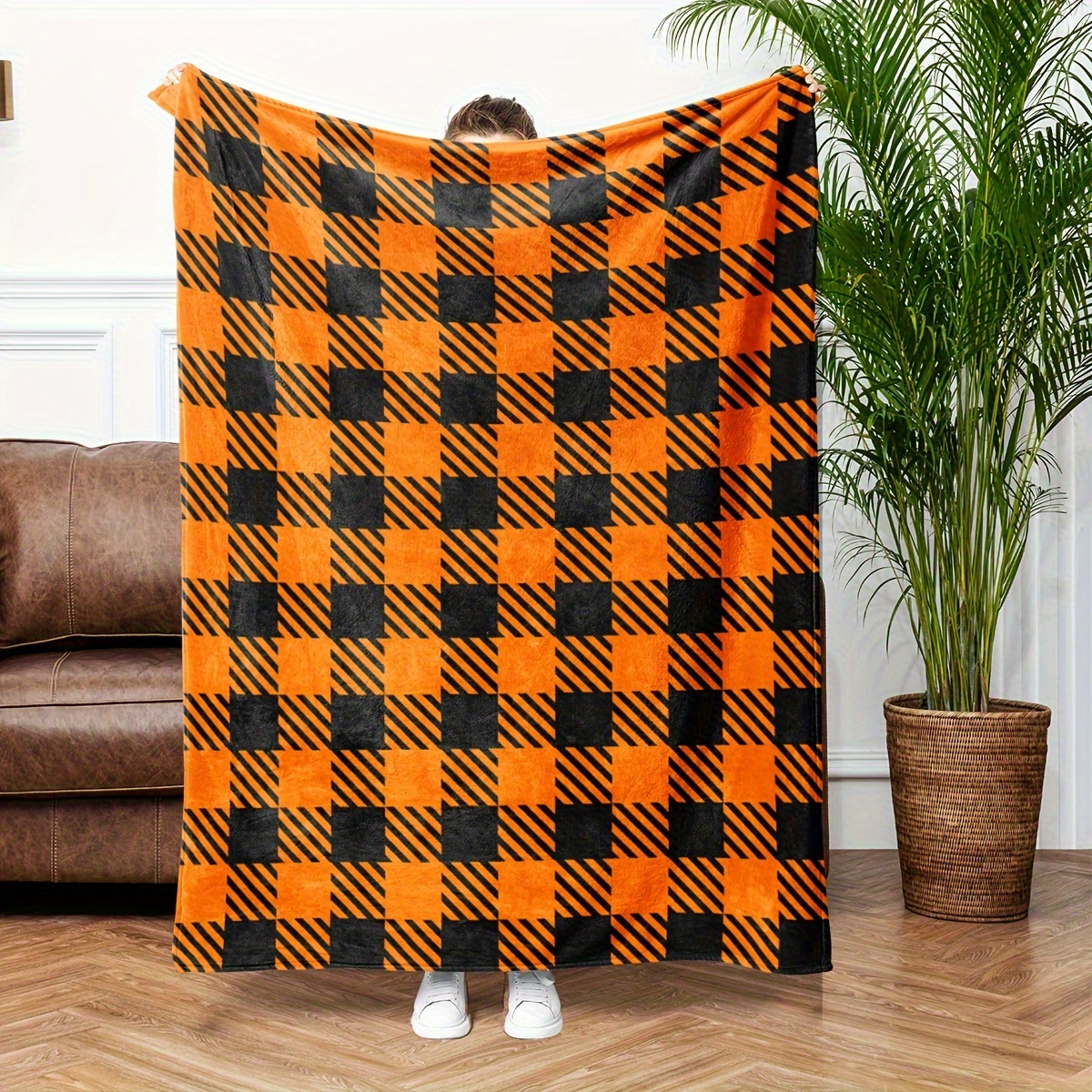 

Contemporary Orange Flannel Throw Blanket - Soft, Warm Knitted Polyester Fleece For All , Machine Washable - Ideal For Decor, Light Sofa Throw