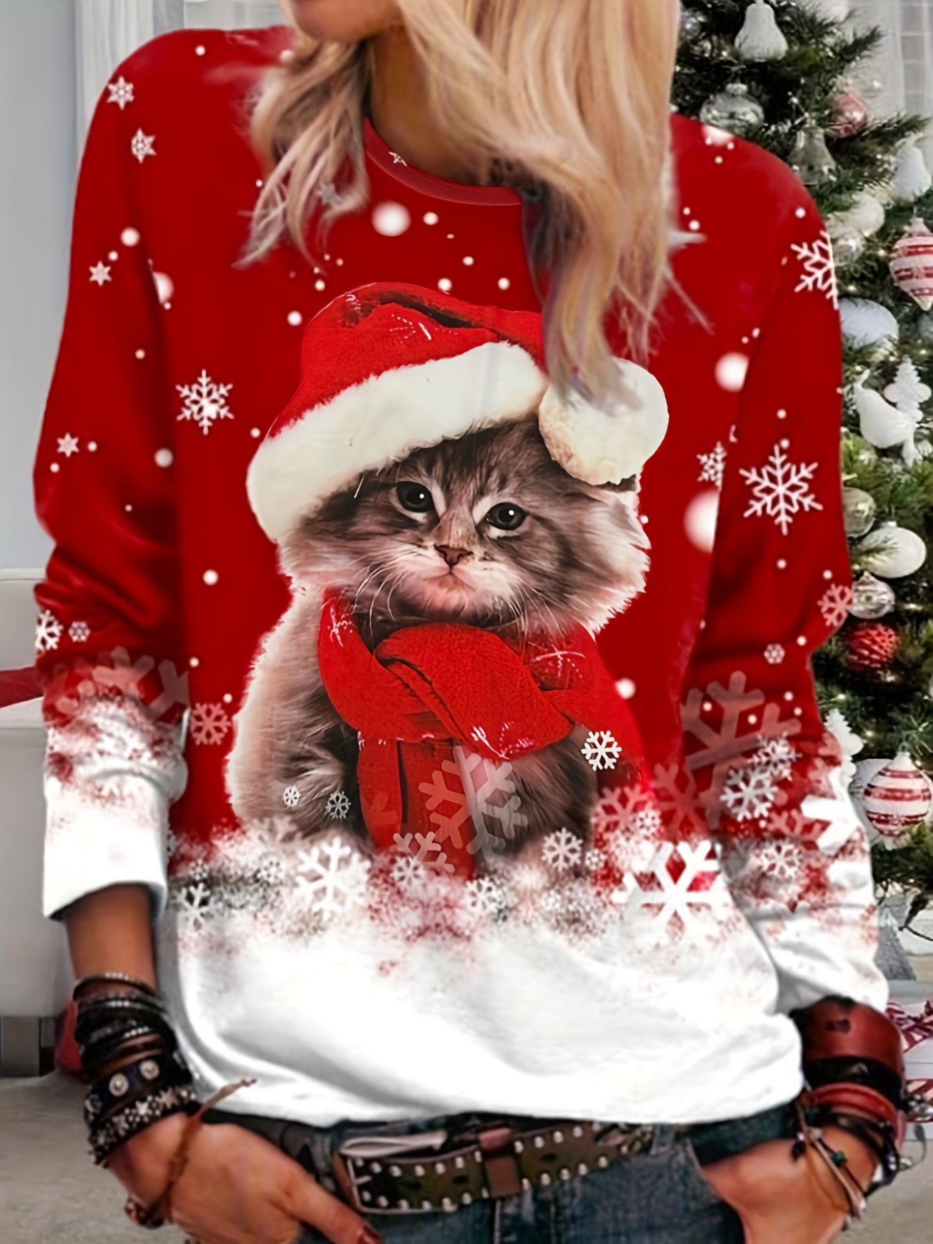 christmas cute cat print crew neck t-shirt, casual long sleeve top