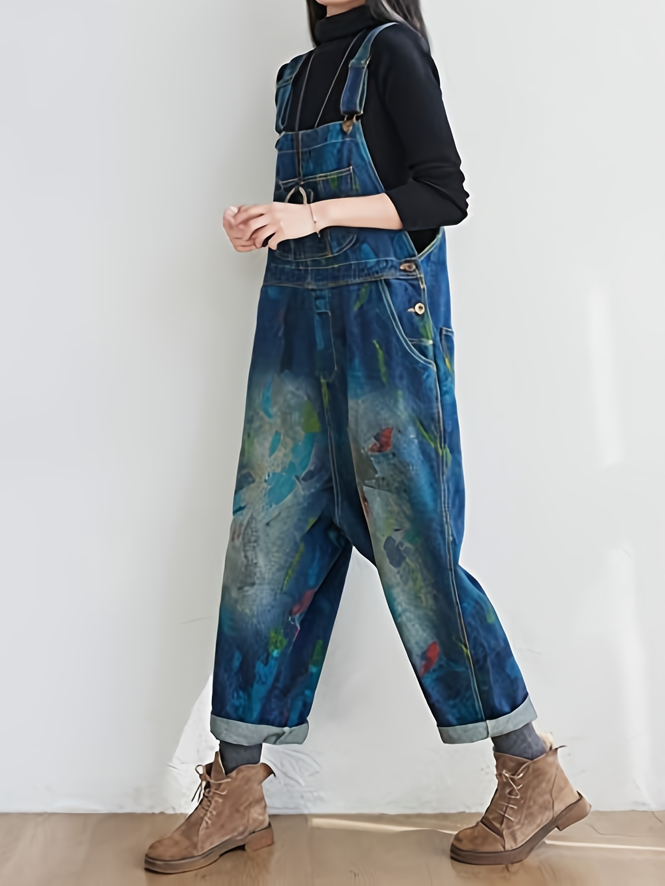 Versatile Womens Denim Overalls Jumpsuit - Stylish Loose Fit with Vibrant Prints - [Soft Durable Denim, Adjustable Straps for...