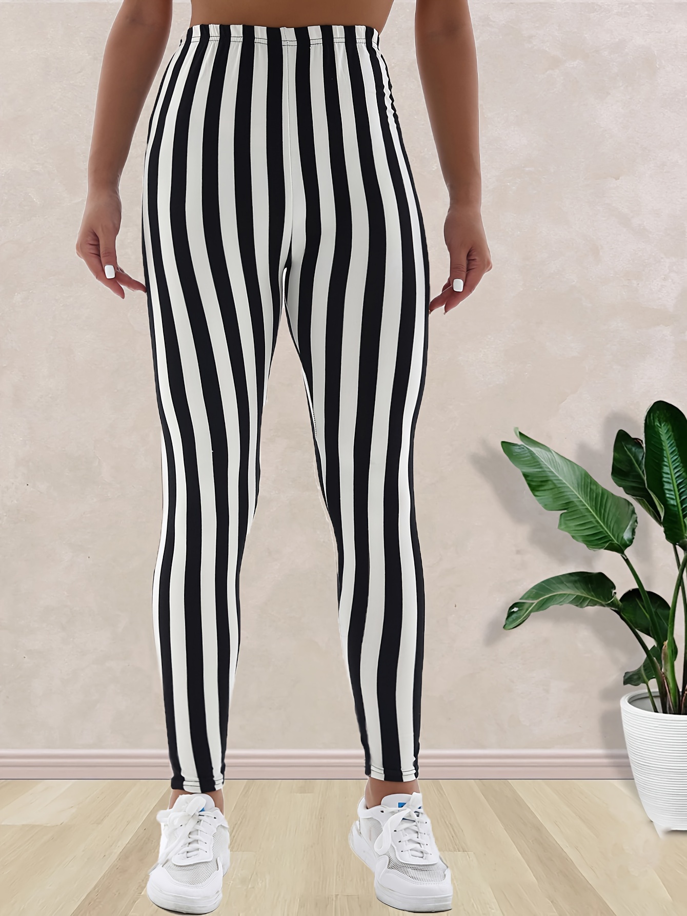 Women'S High Waist Striped Polyester Spandex Leggings, Casual Stretchy Cropped Skinny Pants, Knit Fabric, for All-Season Comfort, Weekend Casual Wear
