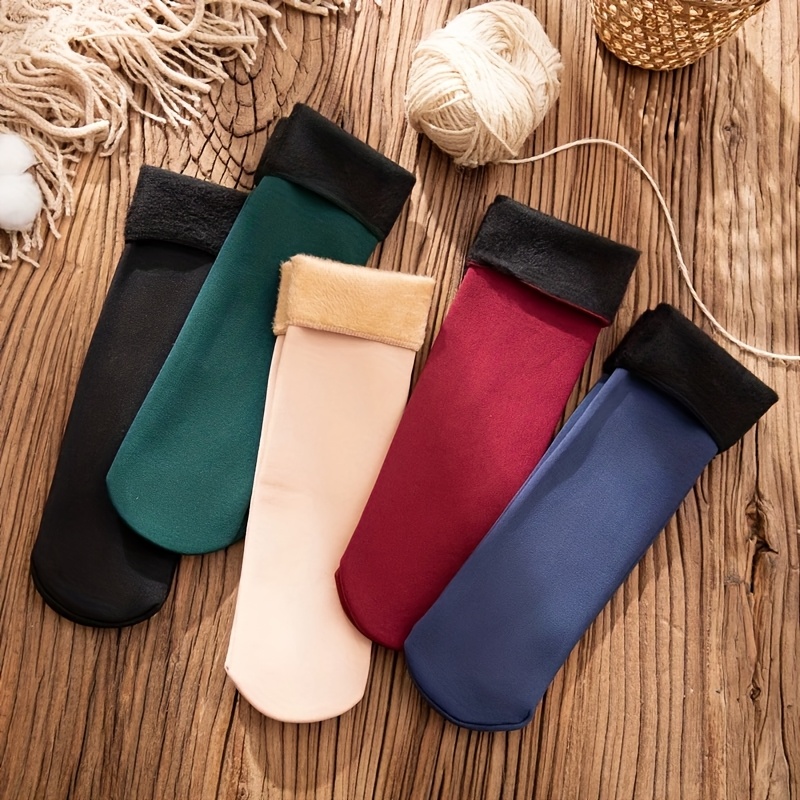 

6 Pairs Winter Thermal Socks - Mid-calf Boot Socks, Thickened Fleece Lined, Soft Polyester And Spandex Knit Fabric, Solid Color, Hand Wash Recommended, Boot Socks | Midcalf Socks | Fleecelined Socks