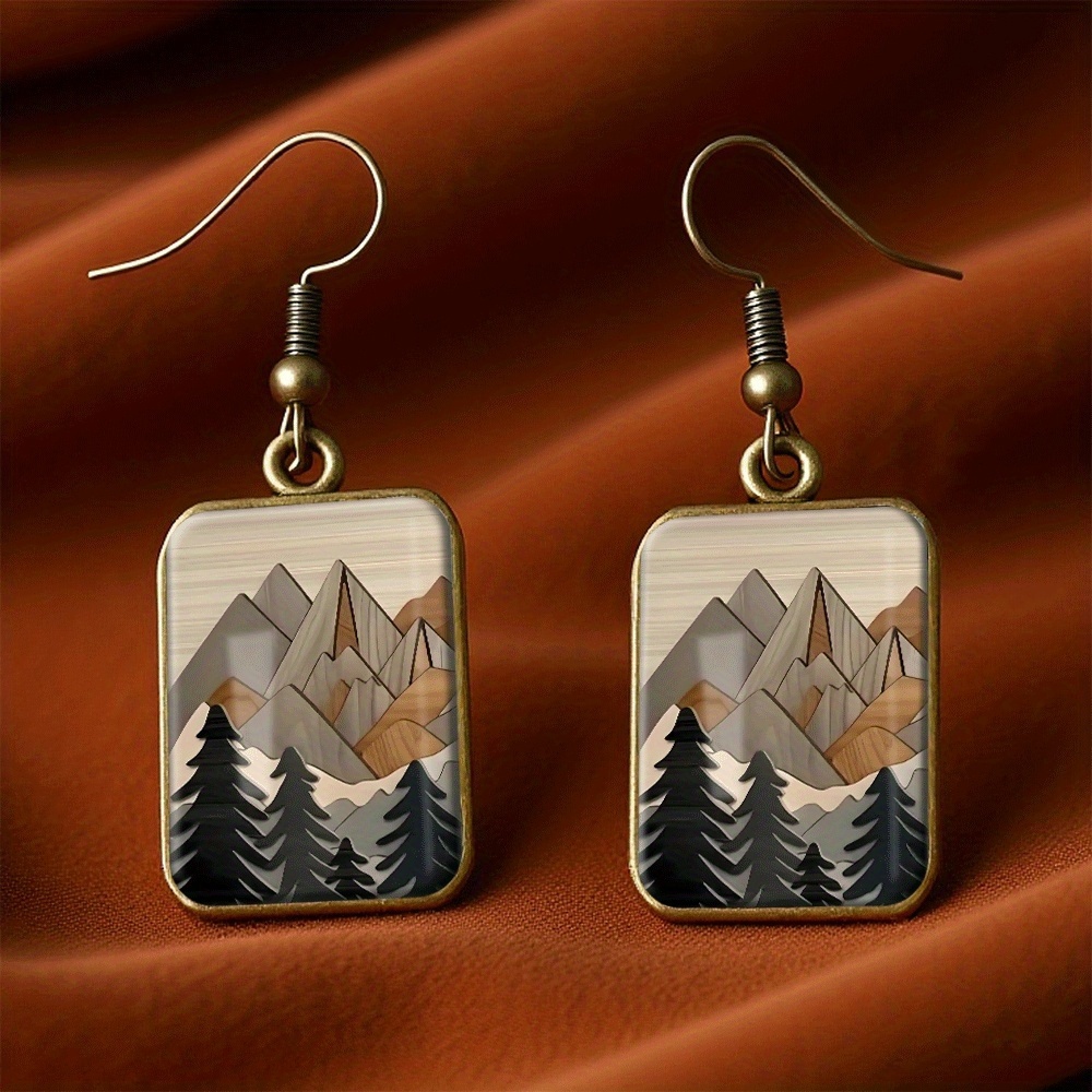 TEMU 1 Pair Of Wooden Mountain Silhouette Pattern Vintage Square Earrings Pendant Handmade Jewelry Gift For , For Teenager, Statement Earrings,