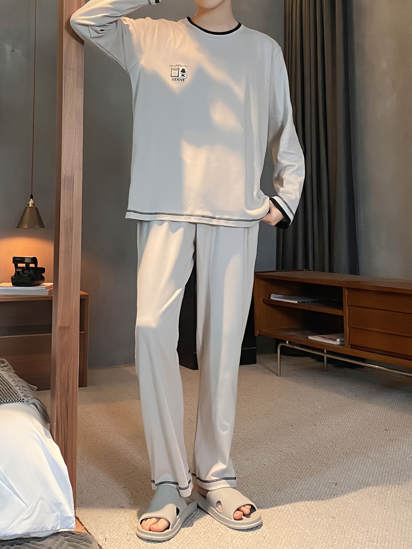 Men's Premium Cotton Pajama Set - Casual Long Sleeve & Pants with Pockets, Breathable Loungewear for Spring/Fall