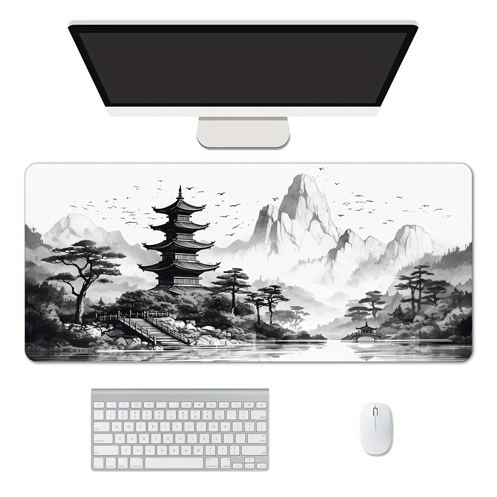 TEMU 1pc Large Gaming Mouse Pad, For Desktop Use, Chinese Landscape Ink Painting Desk Mat, With Edge Stitching, Stunning Scenery Desk Mat, Non-slip