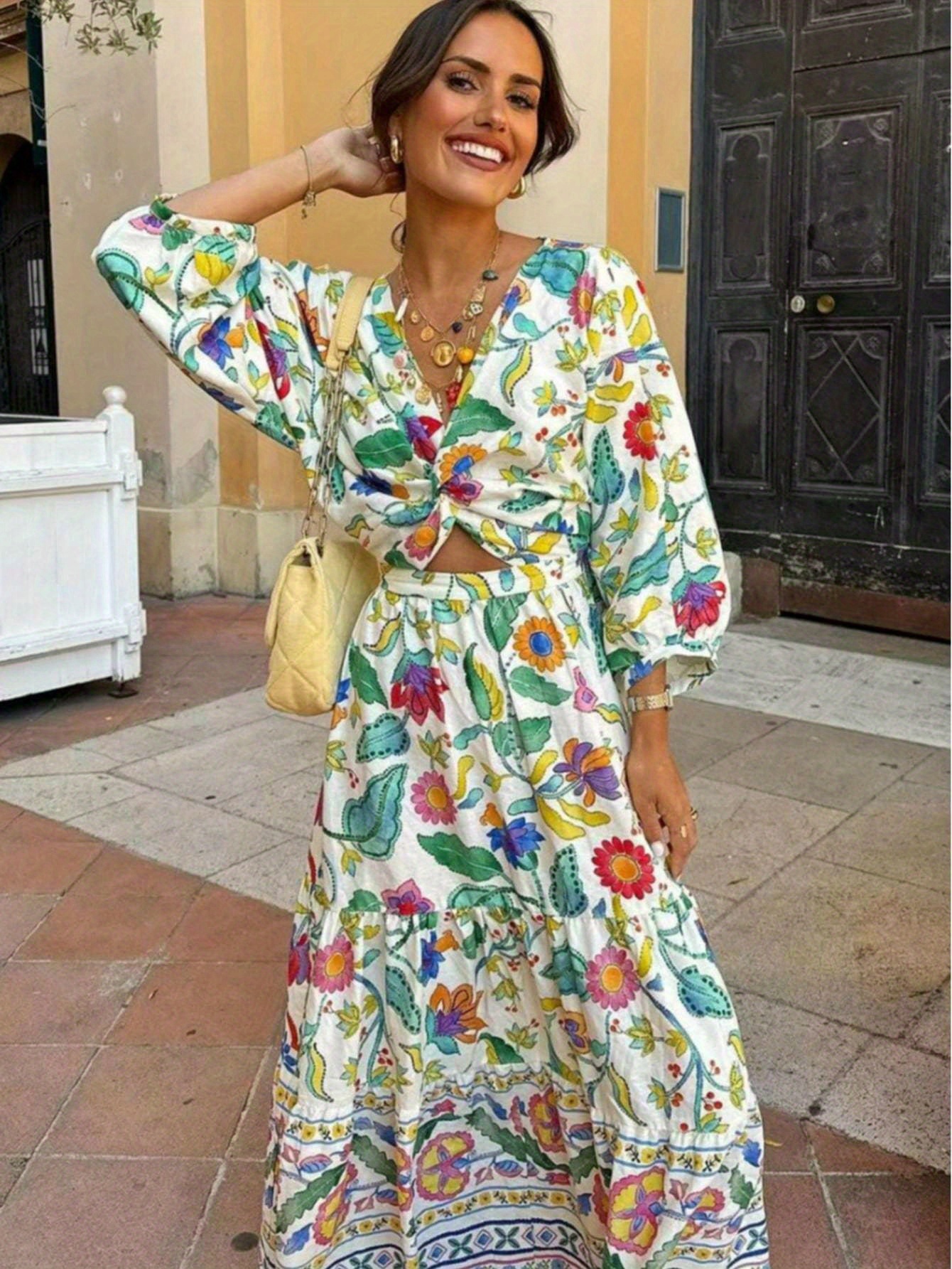 vacation + dp013081 women's vintage ethnic pattern printed long sleeve dress  with neck tie, waist bow-knot, lace-up a- , loose fit for casual outdoor  wear - women's clothing - Temu United Arab Emirates