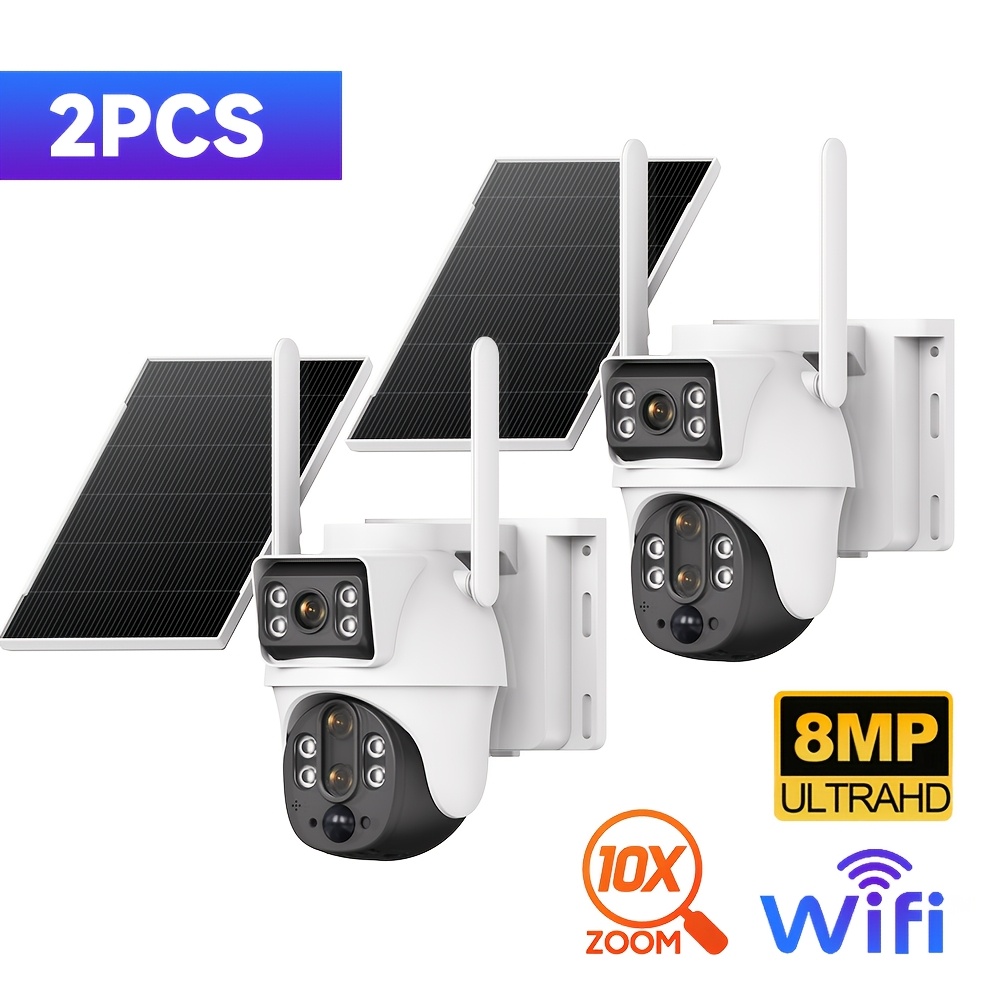 Image of 2pcs Wifi Smart Solar-powered Dual Lens Camera With 10x Zoom, Pzt 360° Rotation, Security Camera System, 2.4ghz Wifi Connection, Motion Detection Alerts, Audio, 8mp Night Vision