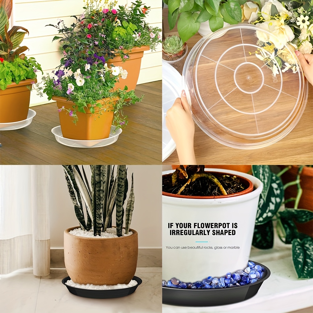 4pcs, 4/5/6/7/8/10/12/14/16/18/* Inch Round Trays in Clear and Black  Colors, Multiple Sizes for * Plant Pots, Premium Plastic Material,  Self-Molded Design * and More Cost-Effective than Market Options