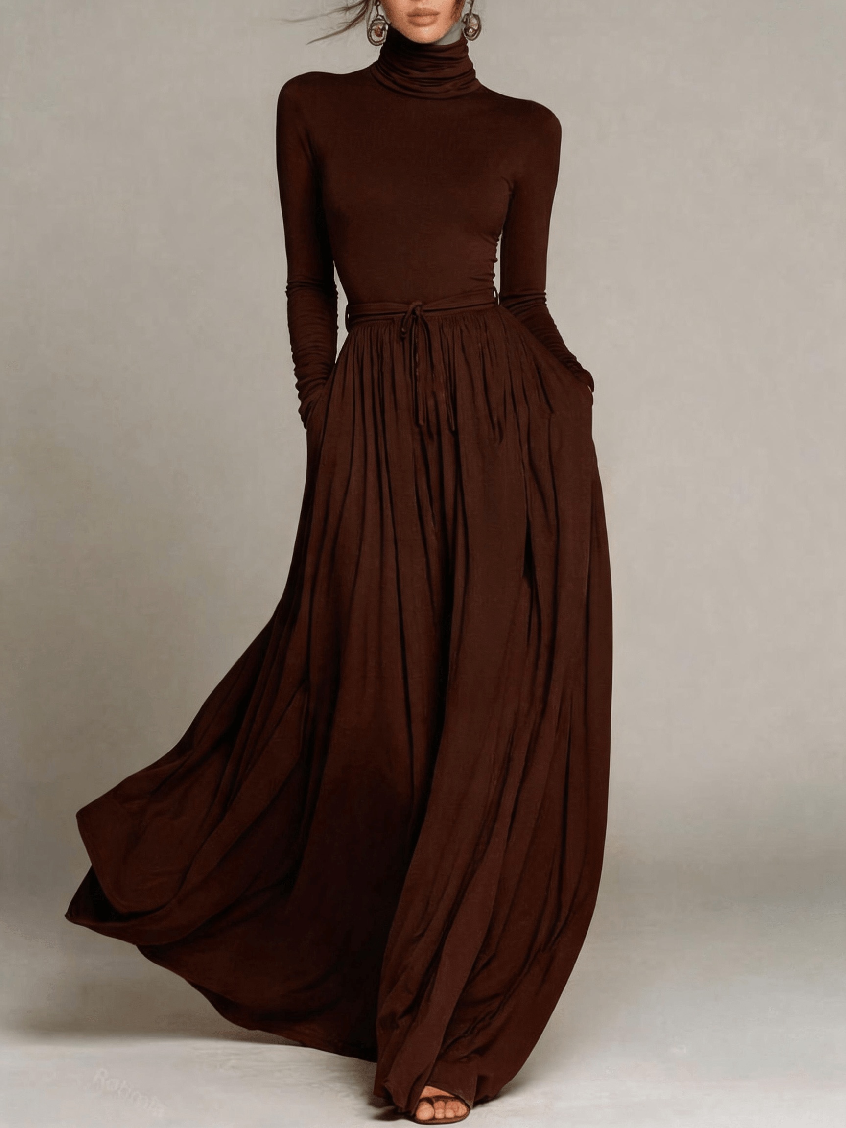 long sleeve boho fall dress Women'S Dress, Solid Color High Neck Long * Fit Dress, Waist Tie Detail, Flowy And, Vintage Style, Versatile Office Dress, Suitable for Spring, Summer, And Autumn Wear, Elegant ss-25 Free Printable PDF Sewing Size:37/SH a flowing long dress