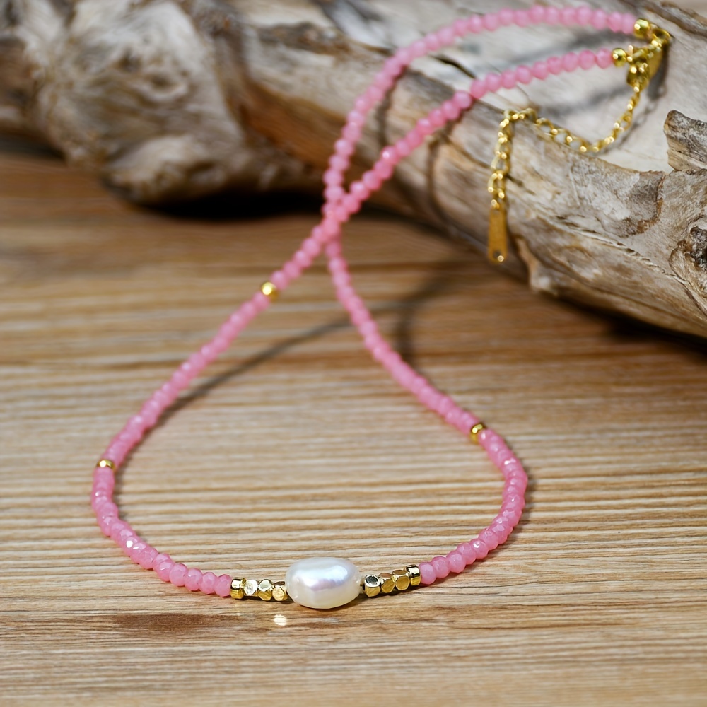 Boho Pink & Freshwater Pearl Necklace with Golden Spacers