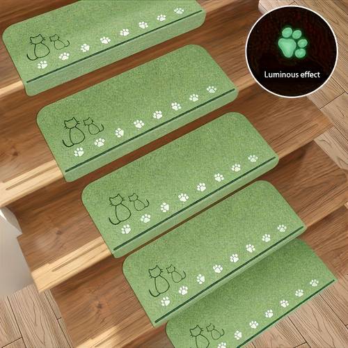 set of 5 15 glow in the dark stair treads with cat paw print design non slip carpet self strips glow in the dark stair protection mats home stair decoration no electricity required
