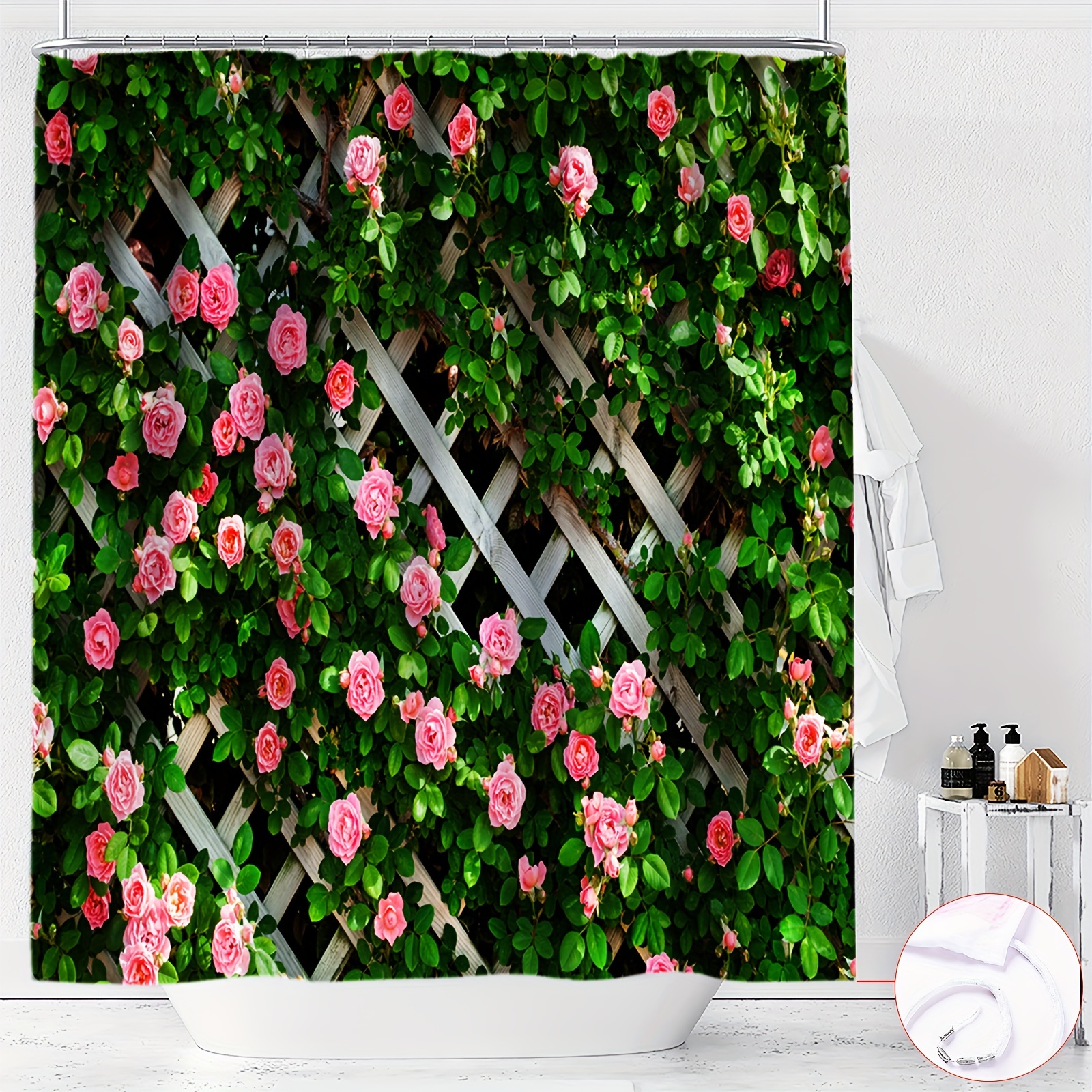 

Charming Pink Floral & Green Leaf Garden Fence Design Shower Curtain - Waterproof, Machine Washable Polyester With Hooks Included - Perfect For All Seasons Bathroom Decor
