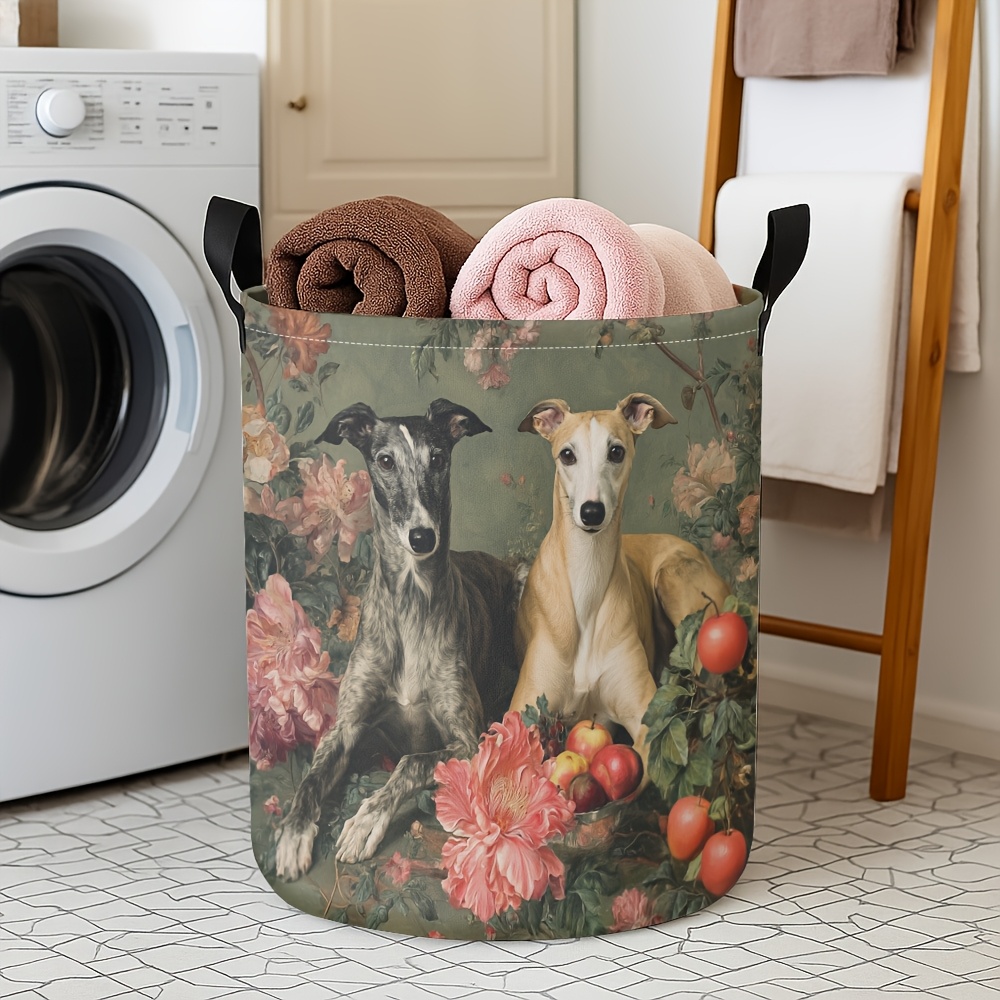 TEMU 1pc Large Capacity Foldable Laundry Basket With Whippet Dogs Design - Durable Polyester Round Storage Box With Sturdy Handles, Multi-functional