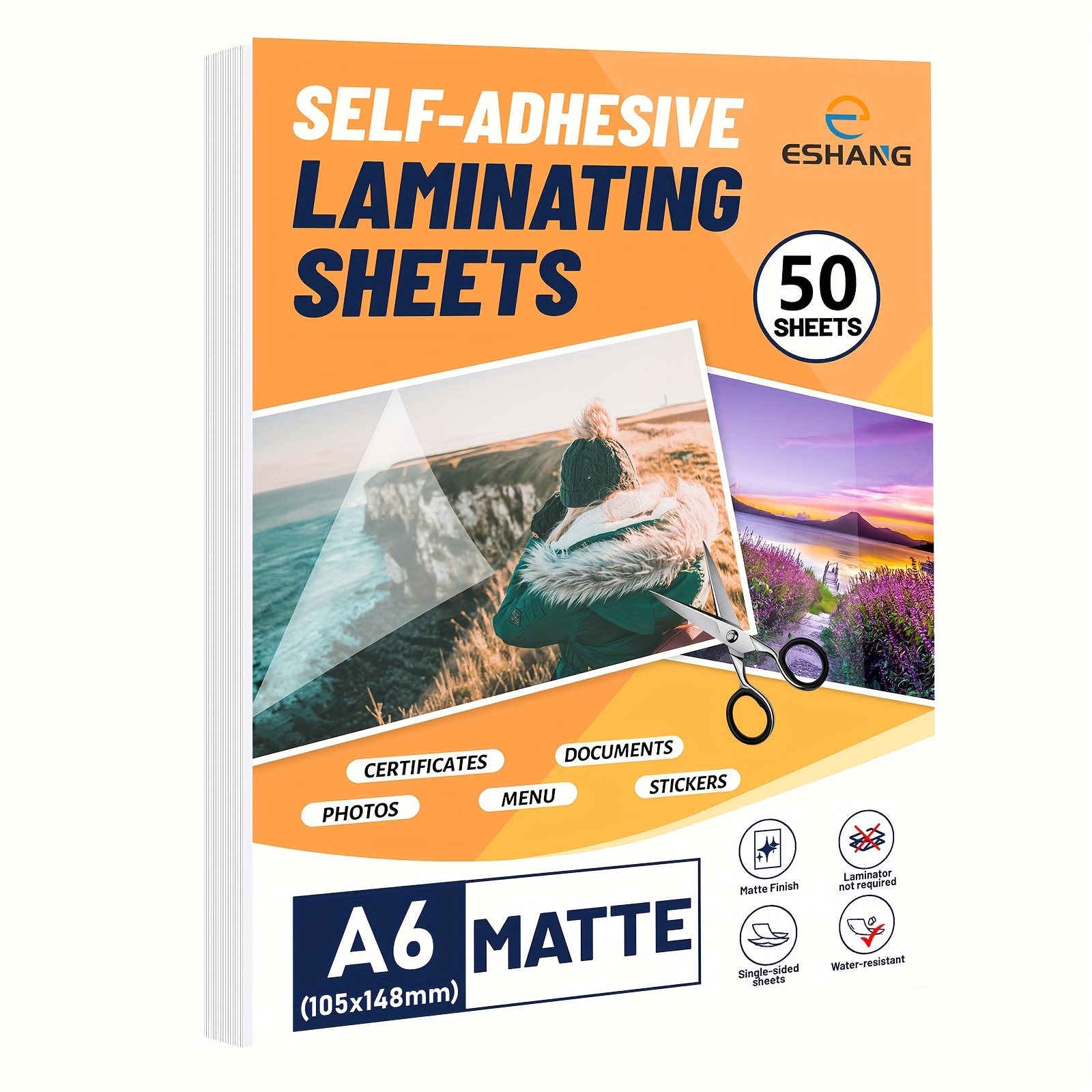 TEMU 50 Sheets Self-adhesive Laminating Pouches - No Heat/machine-free Instant Sealing, A6 Size (64/58 Matte) For Certificates, Photos, Id Badges,
