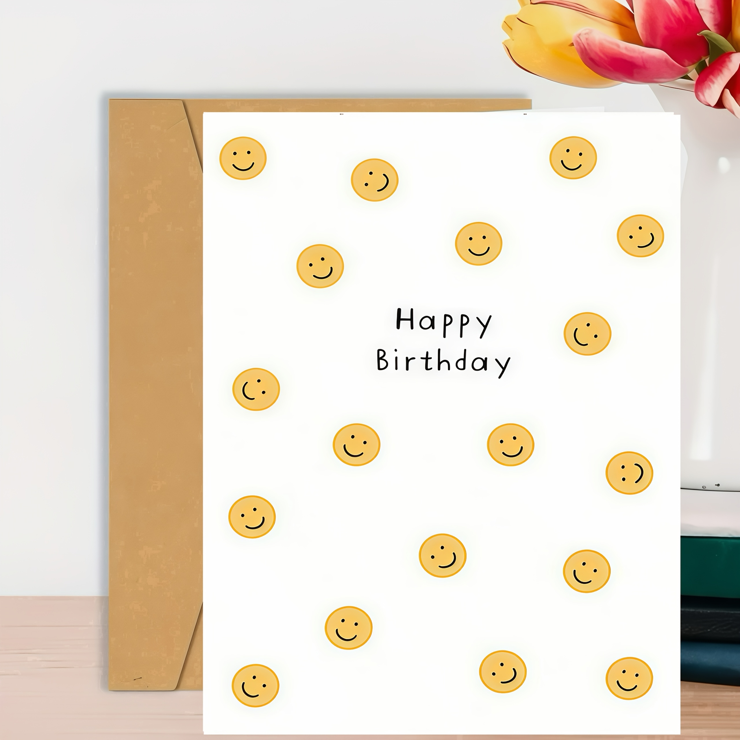 A Humorous Birthday Card, Printed With High Quality, Features A Design With Yellow Face Patterns
