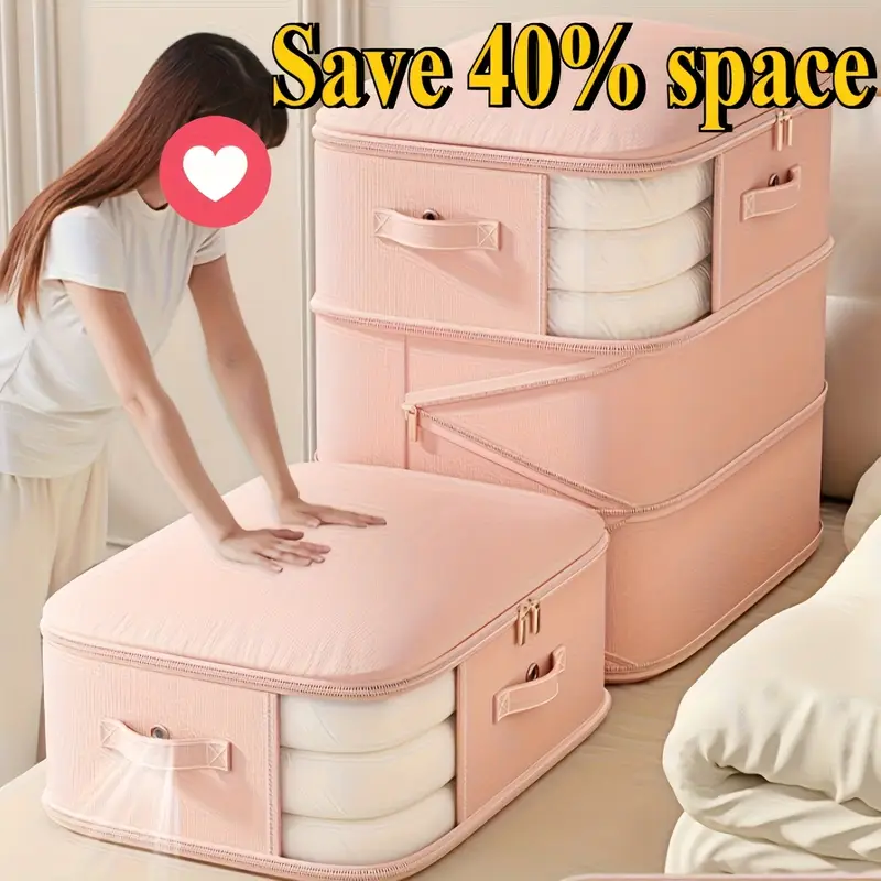 extra large capacity space saving compression storage bags with zipper closure heavy duty nylon organizer for clothes bedding travel stackable compression bags for home moving storage units     pink beige more ideal for closet under bed organization   space saver sturdy handle feature moving supplies   reinforced   home organizers Product details 0