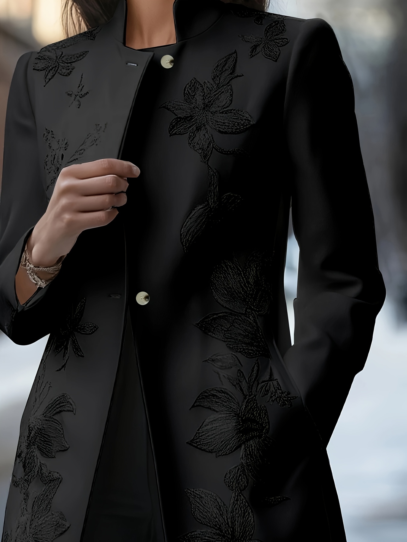 elegant black floral embroidered   for women long sleeve single breasted with side pockets stylish winter coat   floral embroidery  