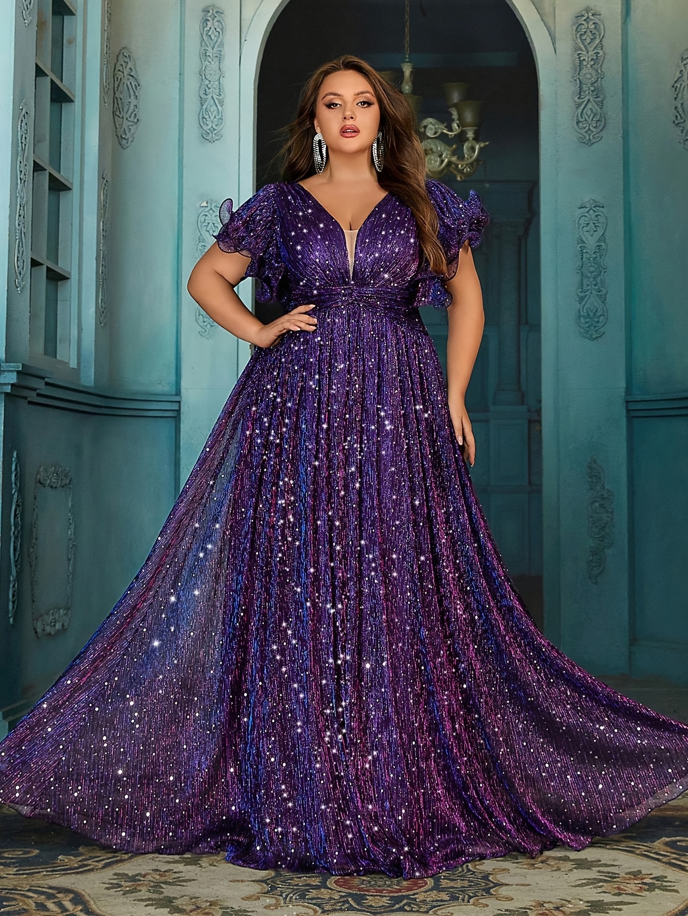sachin and babi light blue dress Purple Midi Dresses for Women Plus Size O Neck Long Ruffles Sleeve Elegant Formal  Occasion Birthday Wedding Guest Evening Gowns