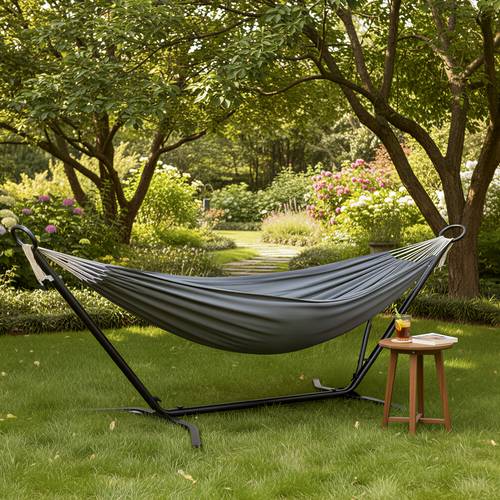 hammock with a stand featuring a metal frame and adjustable height for outdoor use in patios gardens or yards