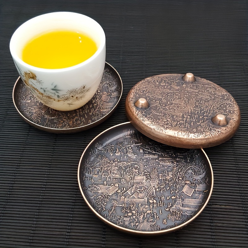 

Antique Copper Tea Cup Coaster With Detailed Engravings Of The Song Dynasty's 'dream Of The Red Chamber' - 8cm X 3.15inch