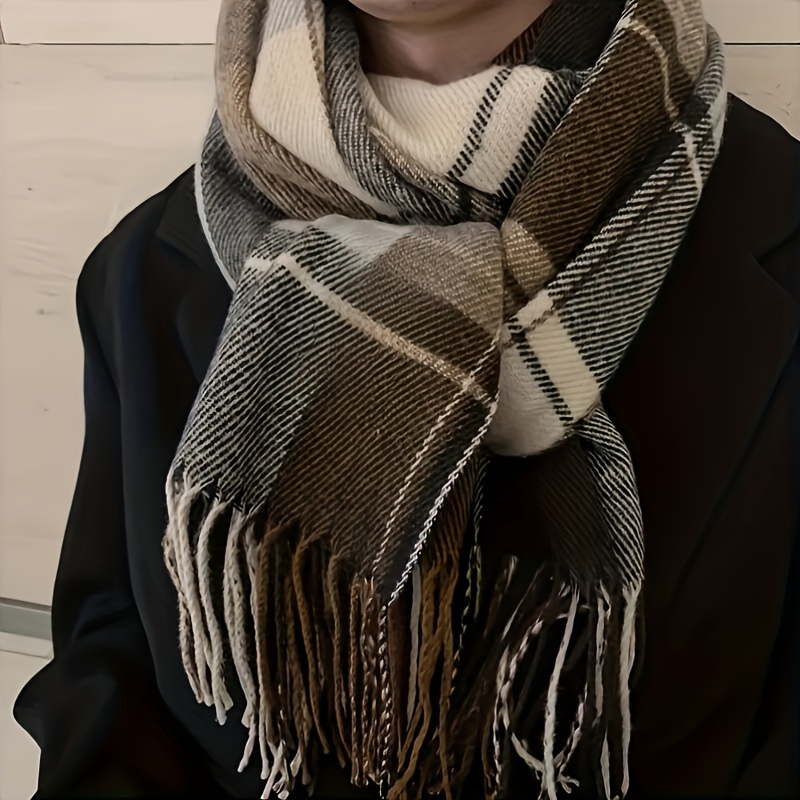 

Men's Handcrafted Scarf With Tassels - Warm Knit Polyester For Autumn & Winter, Mature Style, Machine Washable