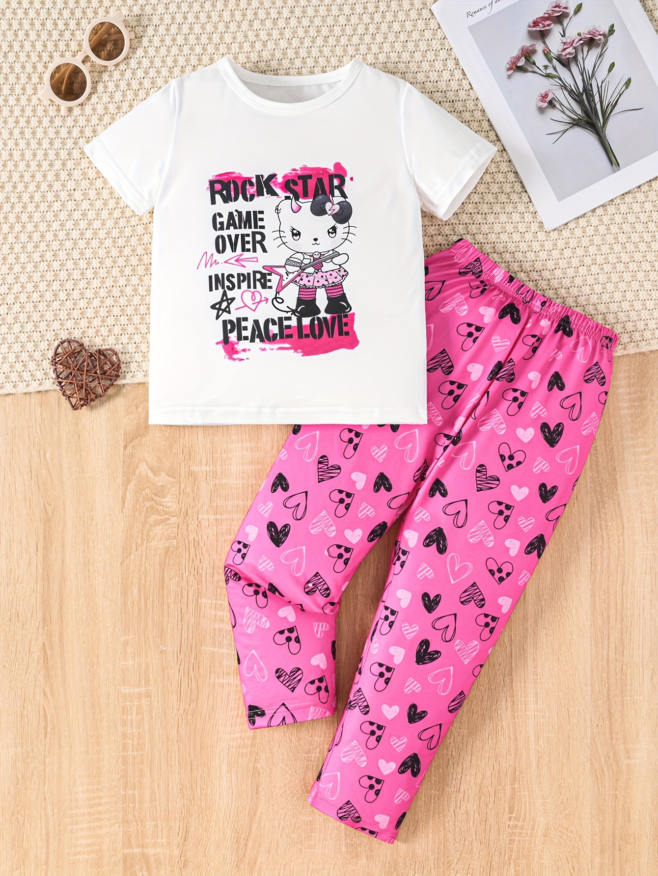 Toddler Kid Girls 2-piece Trendy Pajama Sets Cartoon ROCK STAR Pattern  Round Neck Long Sleeve Top & Allover Hearts Print Matching Pants Casual PJ  Sets
