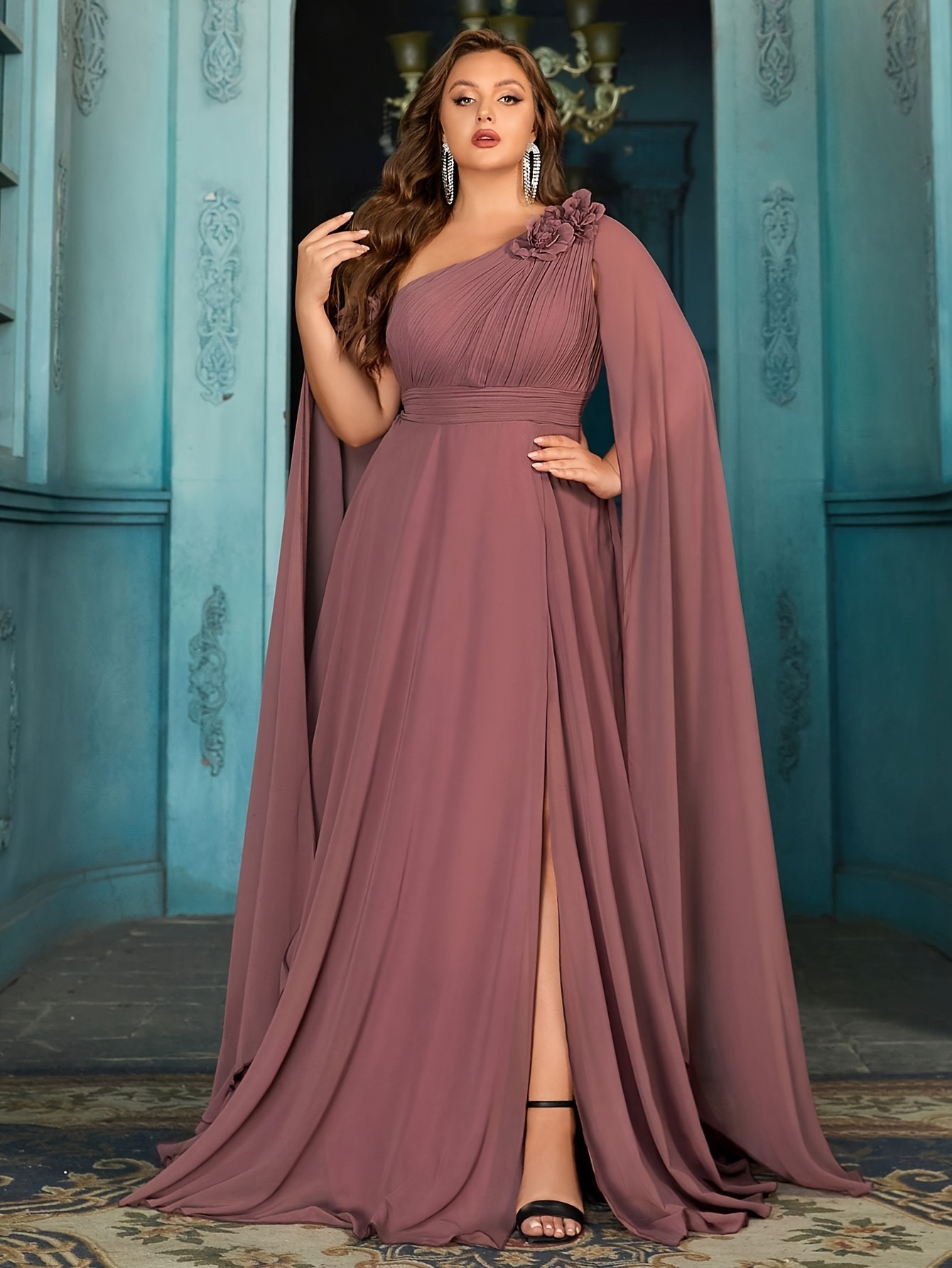 lace mermaid evening dress Plus Size Metallic Detail Glitter One Shoulder Dress main image 0