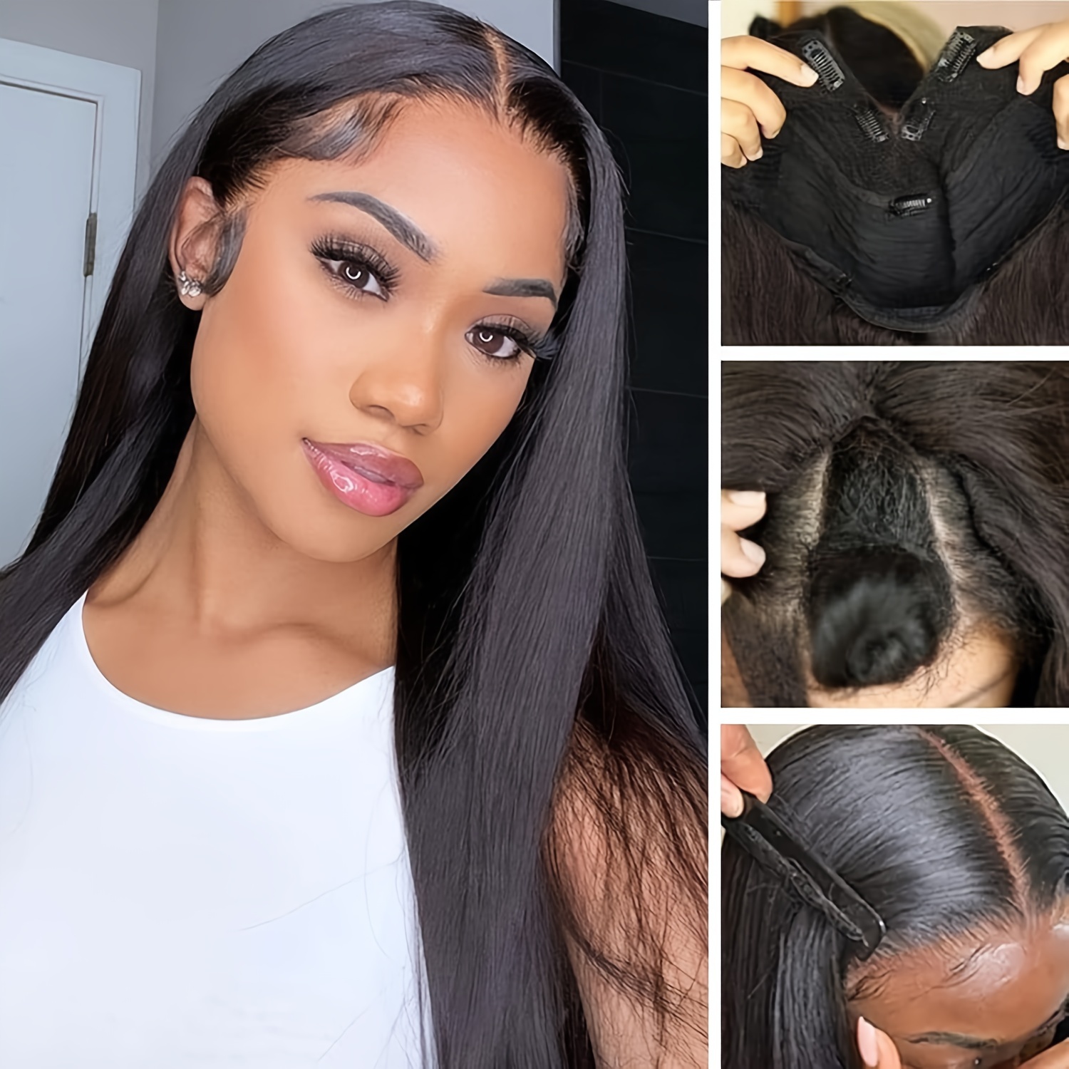 200% Density V Part Straight Wigs Made From Brazilian Human Hair For Women, Featuring Human Hair, Glueless Design, V Shape, And No Leave Out In Color