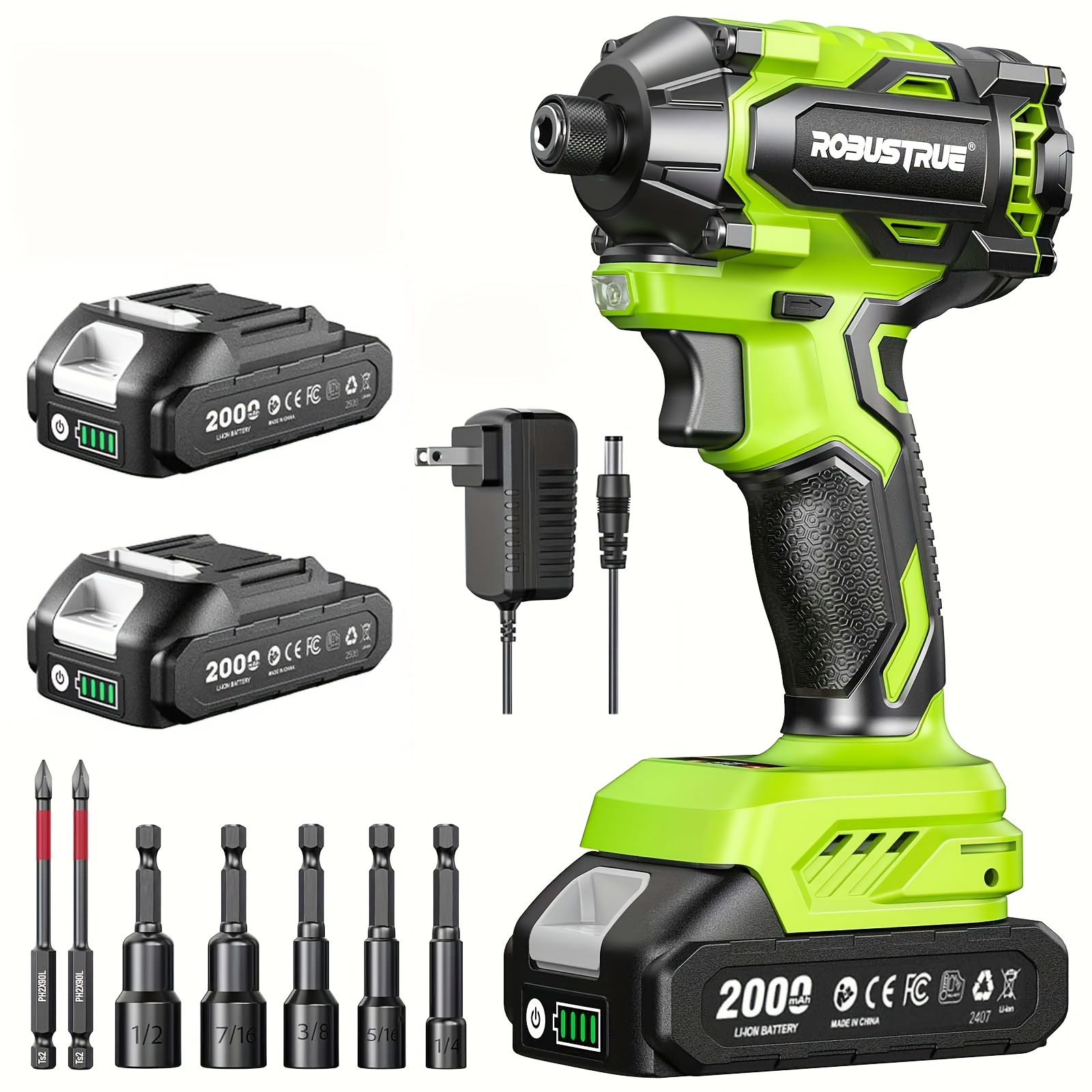 TEMU Robustrue 21v Impact Driver 1/ 4" Hex Cordless Impact Driver, 230n.m (2, 035in-lbs) Brushless Impact Driver Drill Set, 20psc Screwdriver Bits,