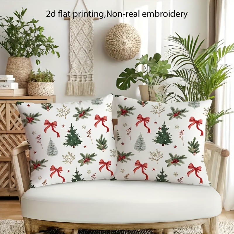 TEMU 2pcs Christmas Pillowcase Set, 18x18 Inches, Surreal Embroidery, Modern Bow And Snowflake Design, Zippered Polyester Pillow Covers, Ideal For