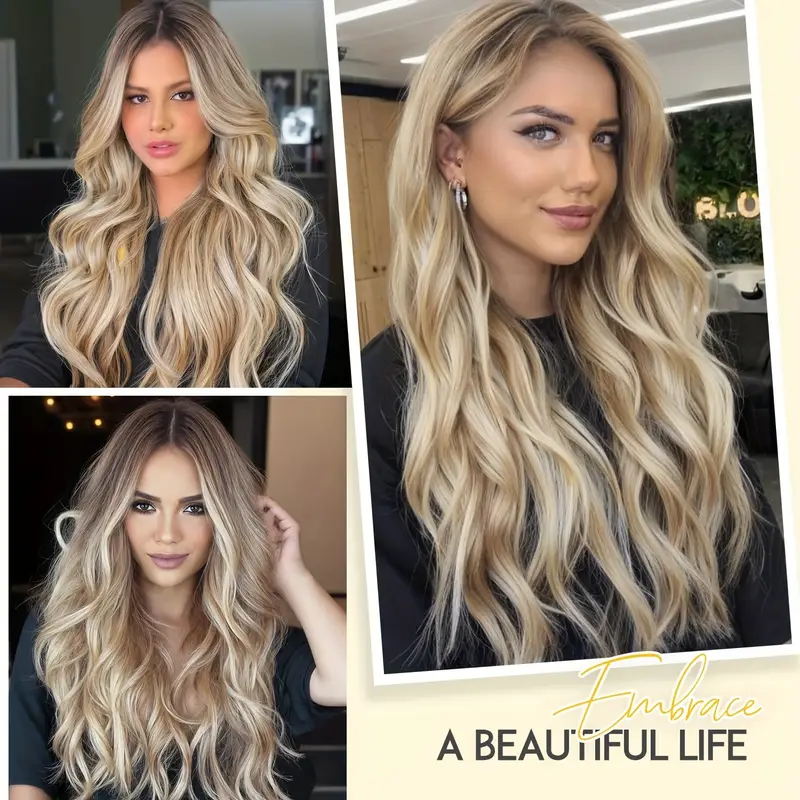 v shape clip hair extensions human hair 30.48-55.88 cm ombre blonde to caramel blonde highlight one hairpiece clip in hair extension human hair with seamless weft for women details 5