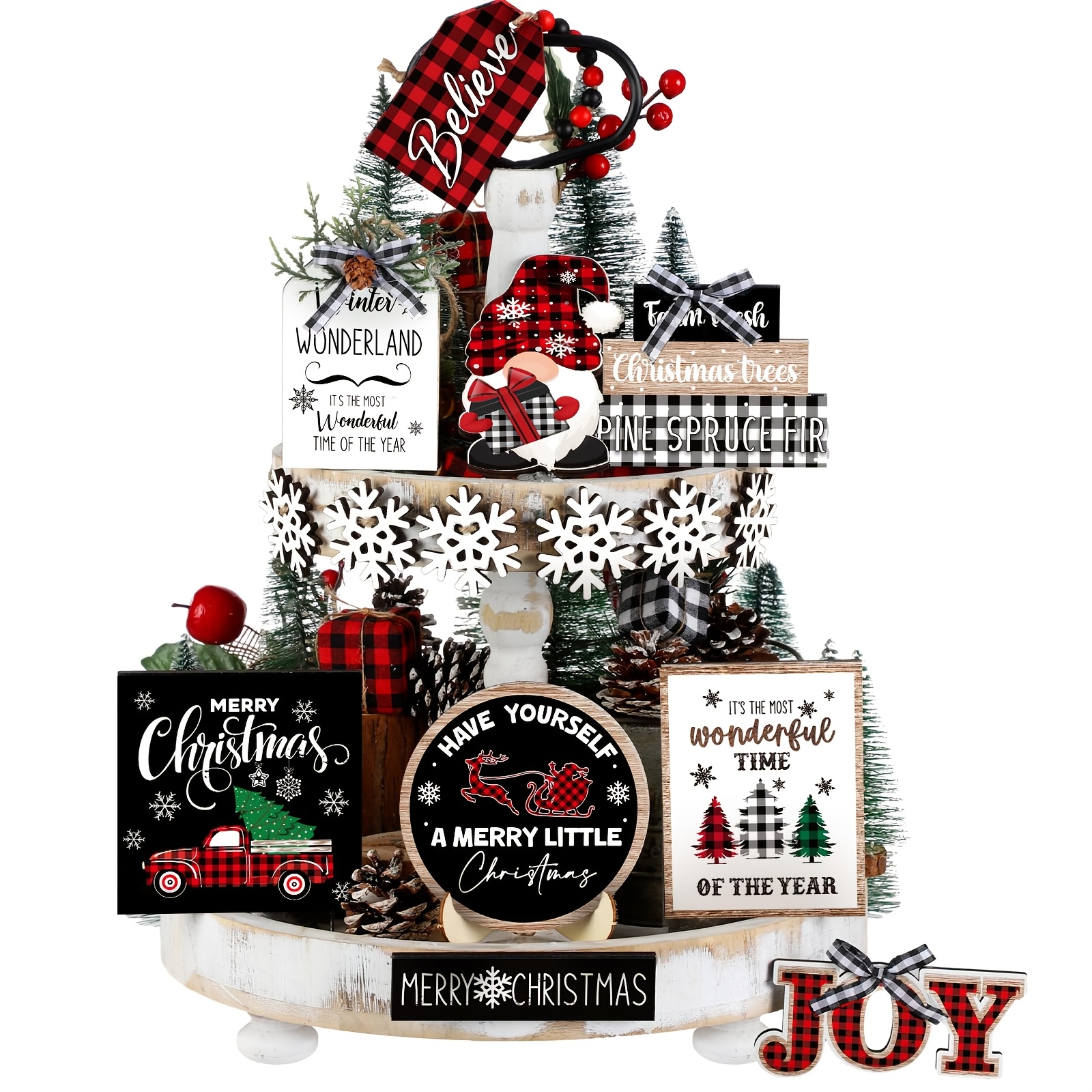 TEMU 15pcs Winter Tiered Tray Decoration Set, Red And Checkered, Snowflakes, Trees, Dwarfs, Trucks - Spring Wooden Signs - Farmhouse Christmas