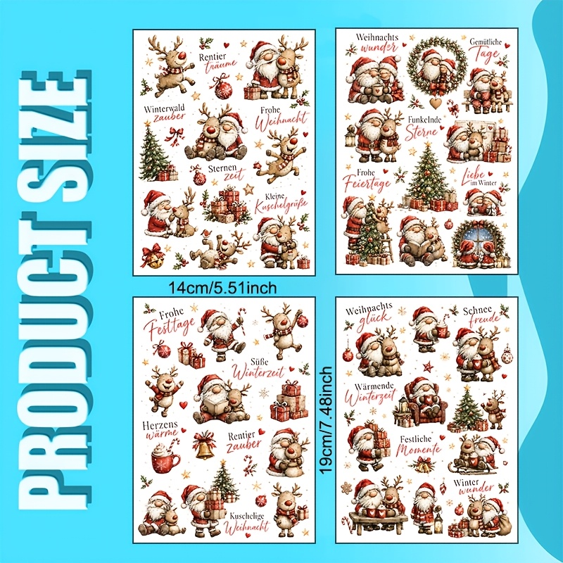 TEMU 4pcs German Christmas Gnome Reindeer Uv Transfer, Drawing Of Embracing Dwarves And Red- Reindeer, With Gift Box, Christmas Tree, Hot Drink And