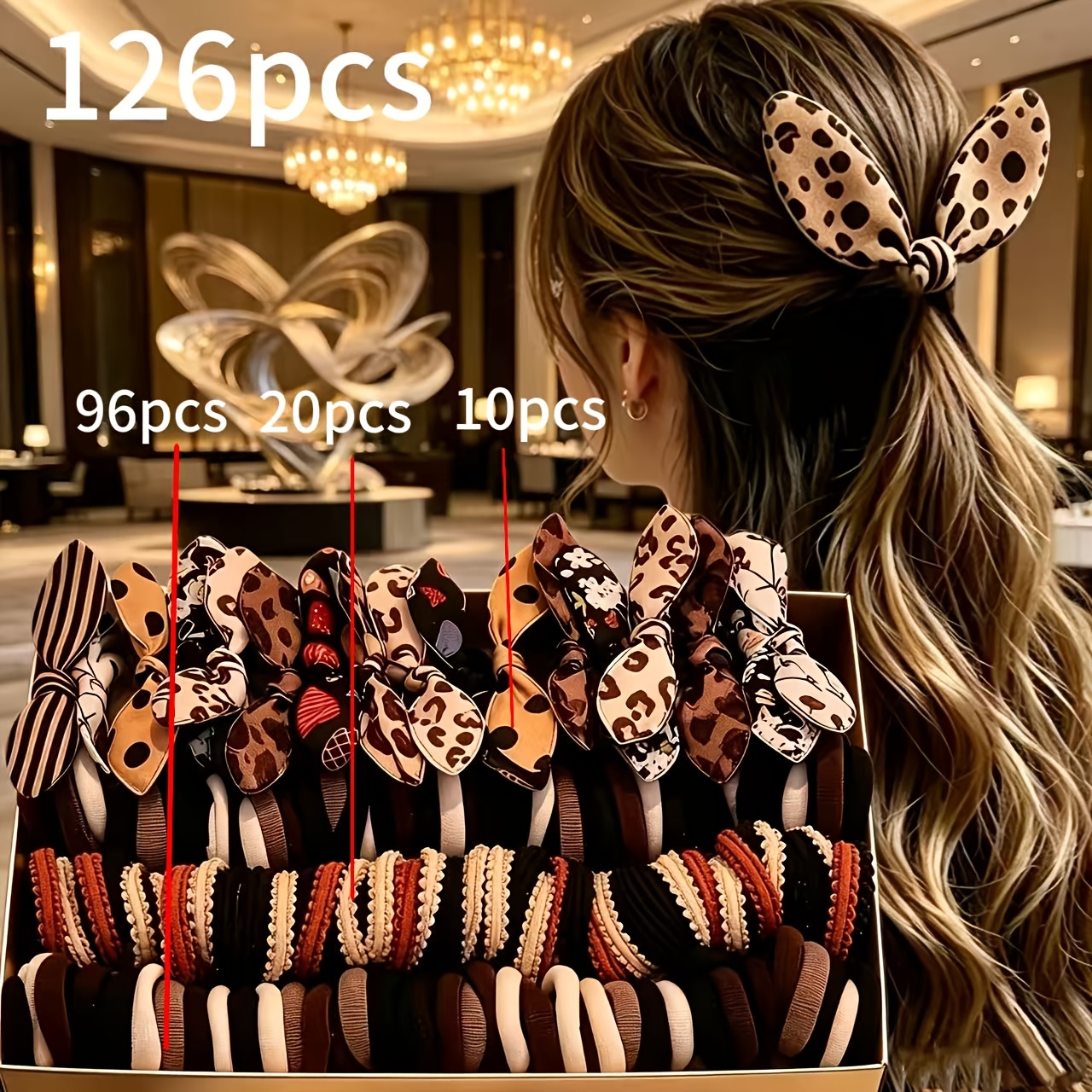 TEMU 126pcs Chouchous Oreilles de Lapin Brunies, Élastiques à Cheveux, Bandes Élastiques en Caoutchouc, Accessoires de Coiffure Quotidiens