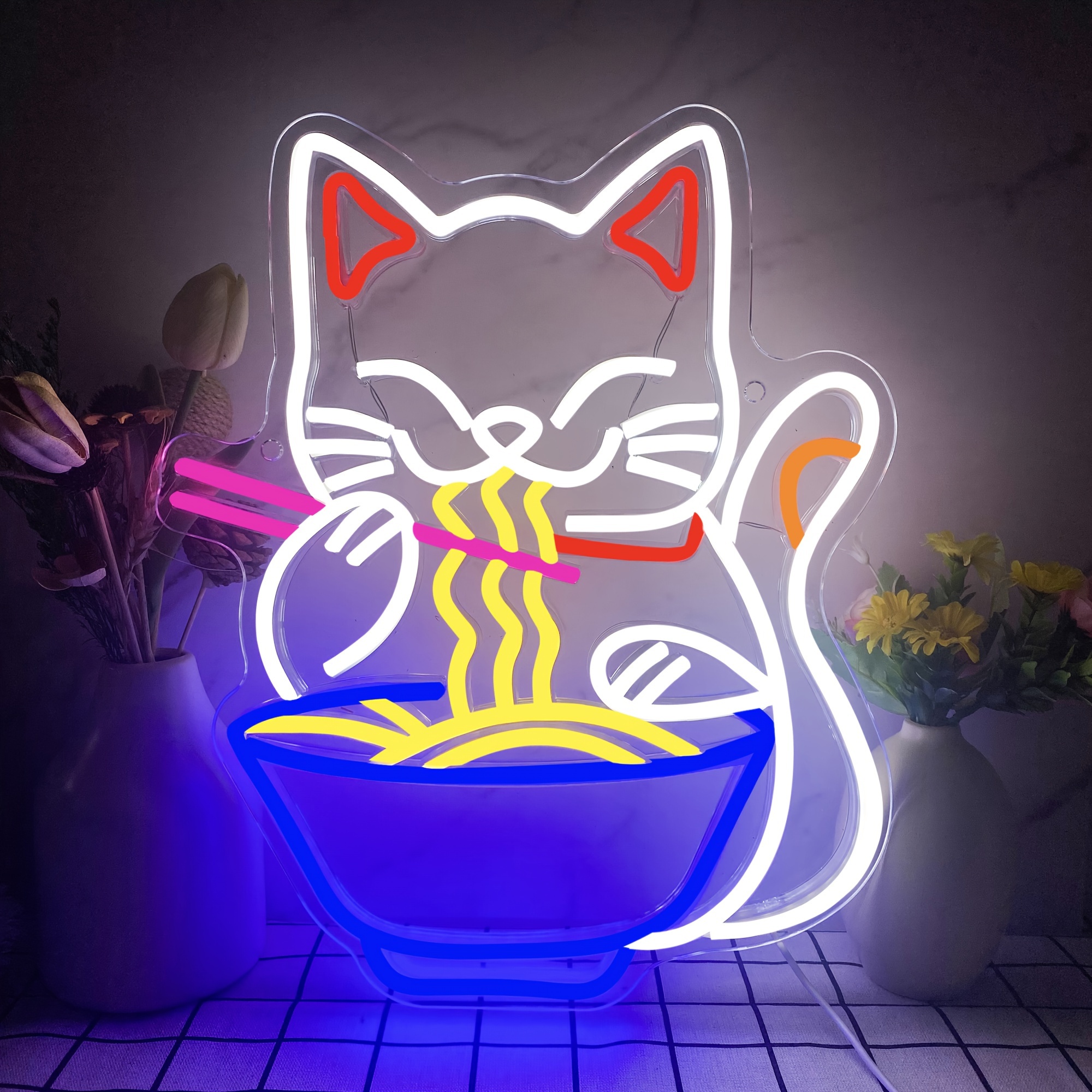 

1pc Neon Sign, Dimmable Japanese Lucky Cat Noodle Ramen Led Neon Signs For Wall Decor Bar Kitchen Dining Room Wall Art Sign Gifts