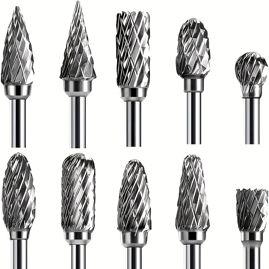 

10pcs Double Cut Carbide Rotary Burr Set - 1/8" Shank, 1/4" Head Length Tungsten Steel For Woodworking, Drilling, Metal Carving, Engraving, Polishing